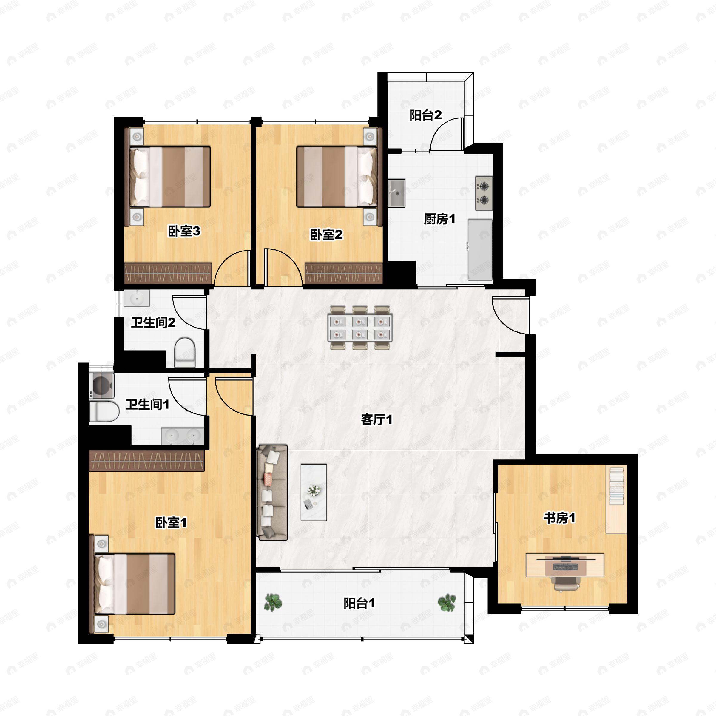 4室2厅2卫建面128m²南户型图