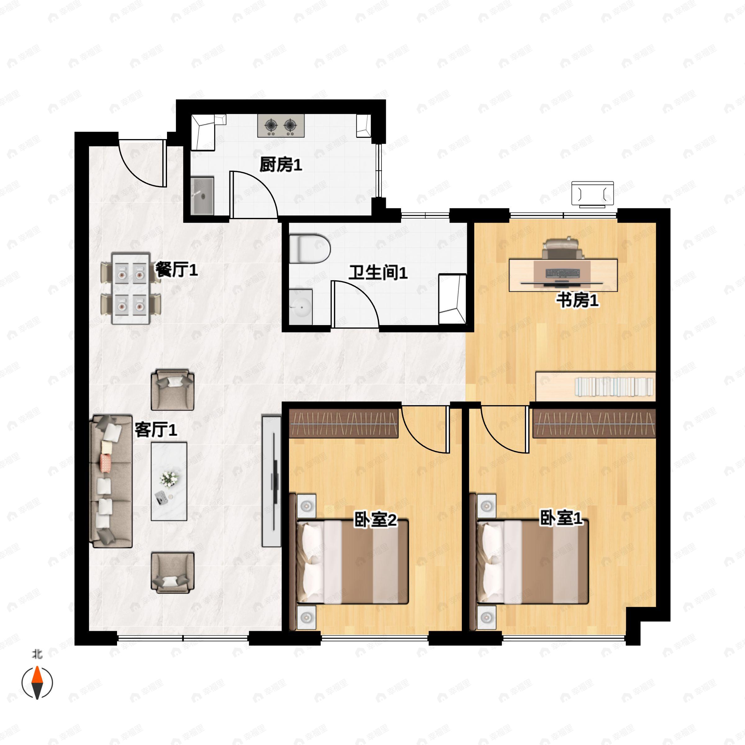 3室2厅1卫建面90m²南|北户型图