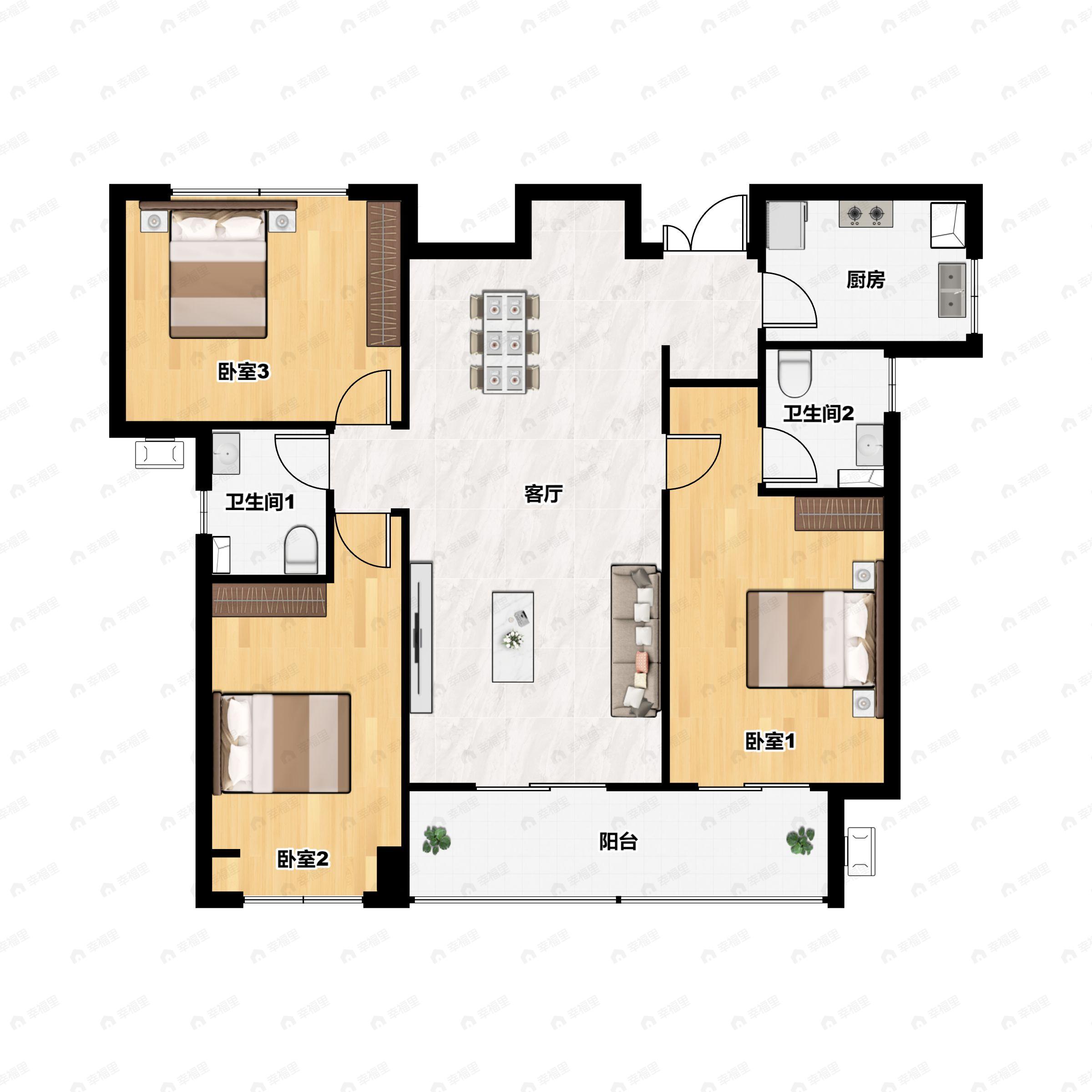 3室2厅2卫建面123平西南|东北户型图