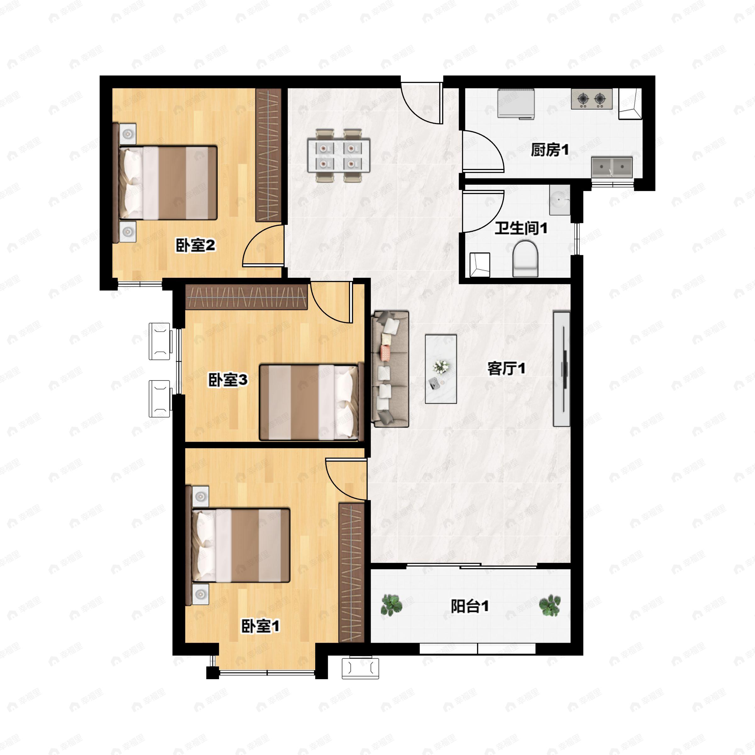 3室2厅1卫建面96m²南户型图