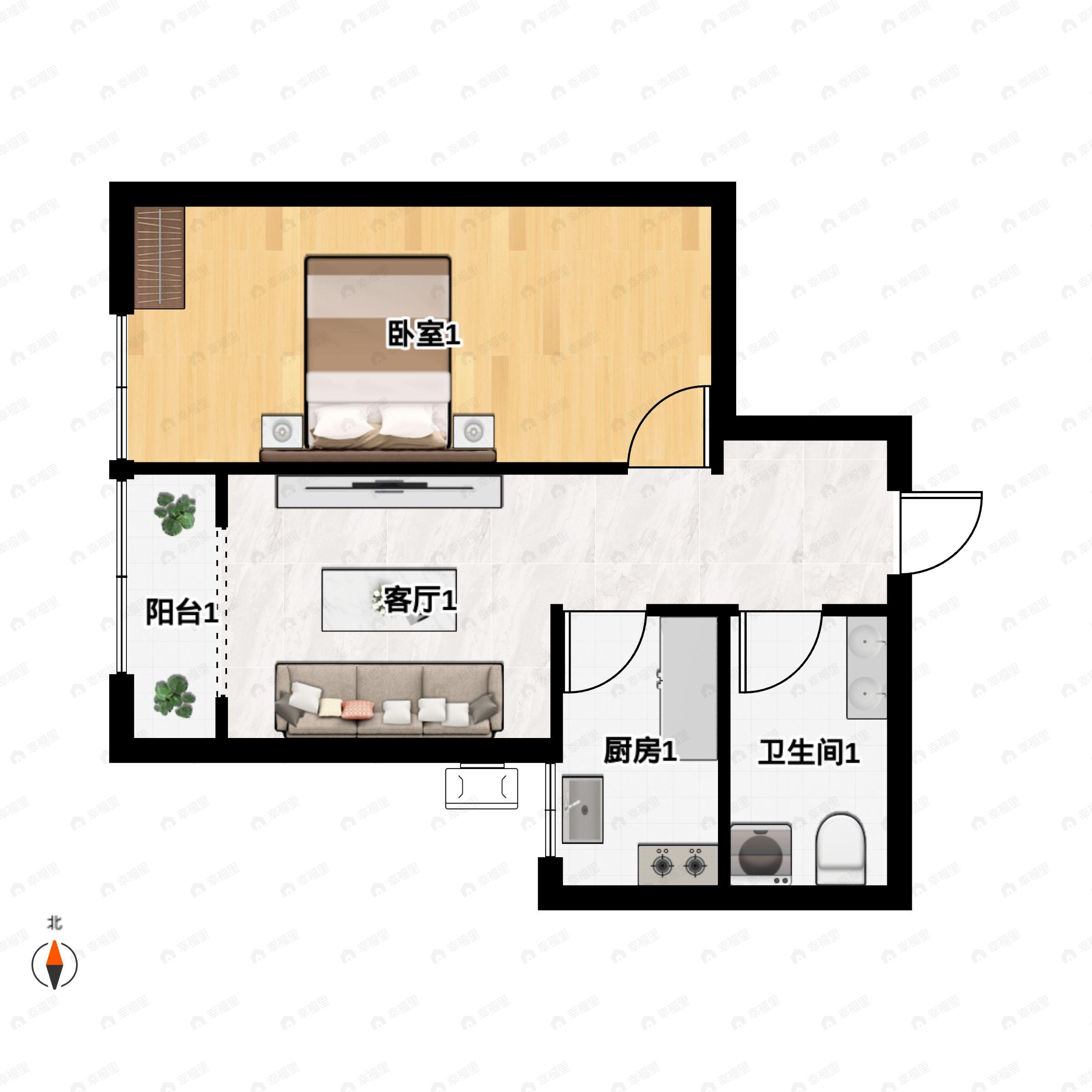 1室1厅1卫建面63m²西户型图