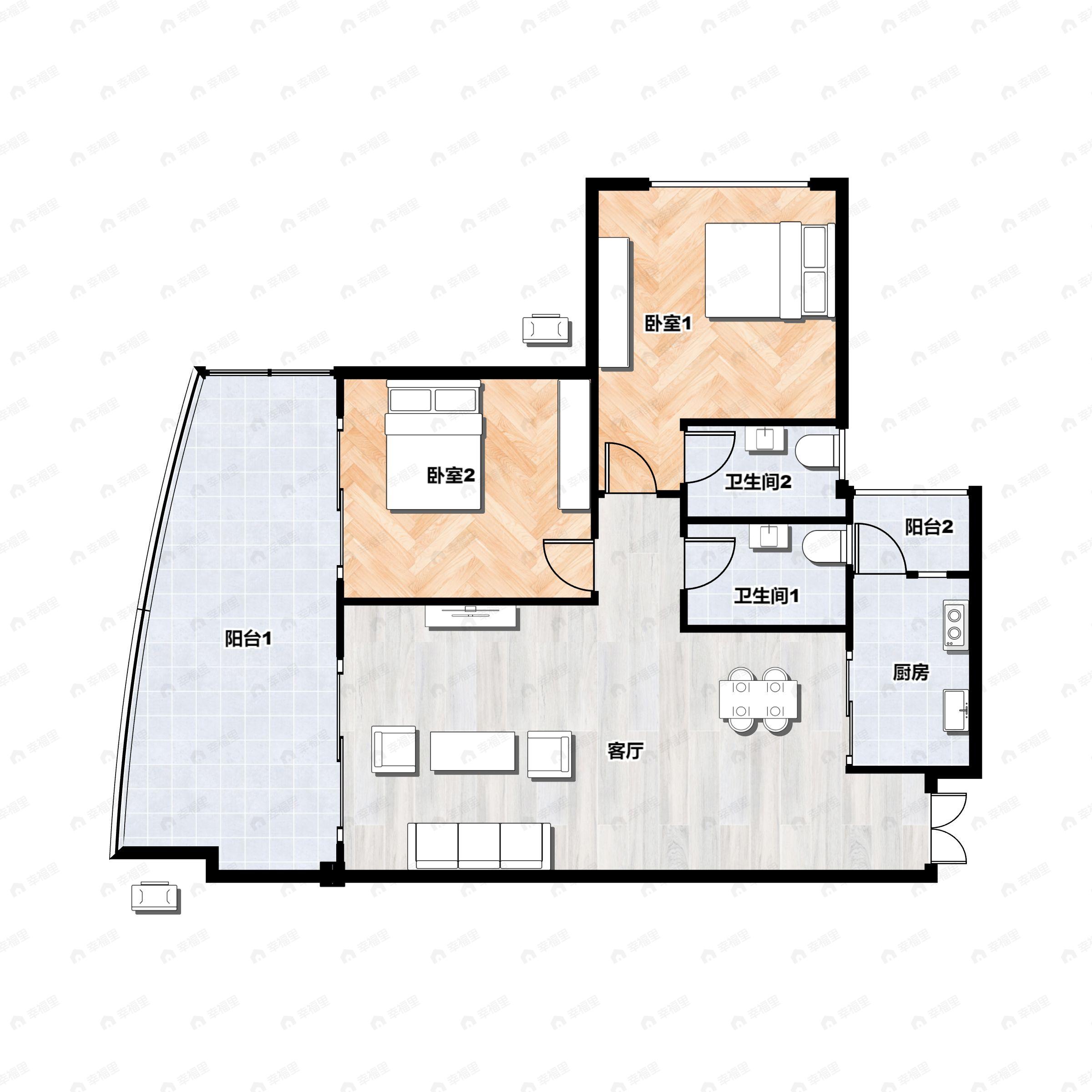 2室2厅2卫建面87平户型图