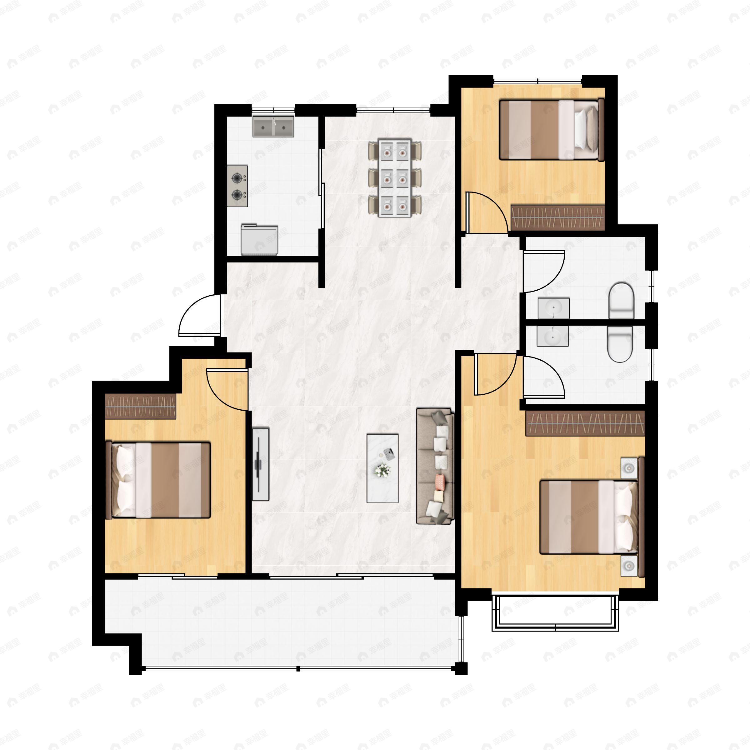 3室2厅2卫建面129m²北|南户型图