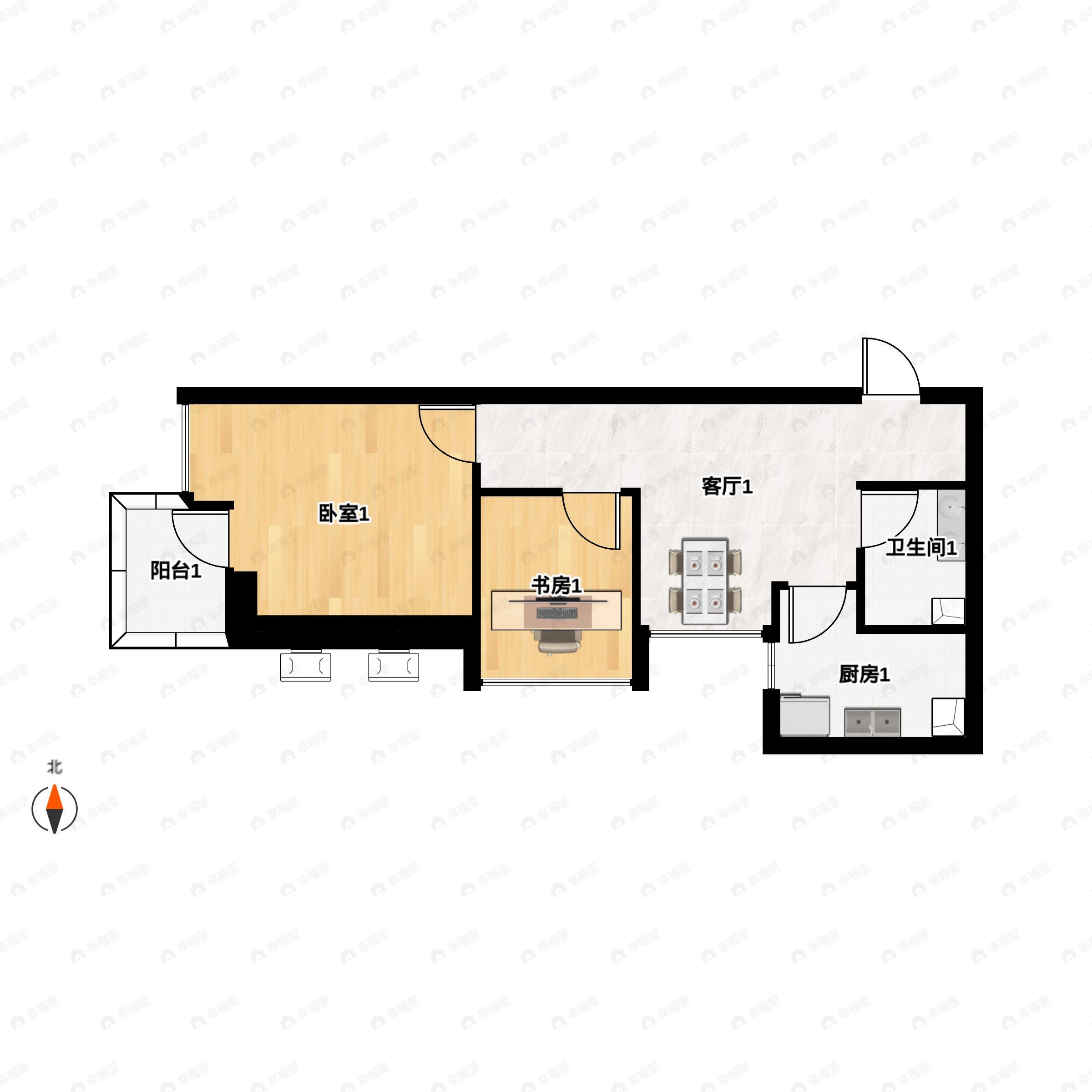 2室1厅1卫建面51平西南户型图