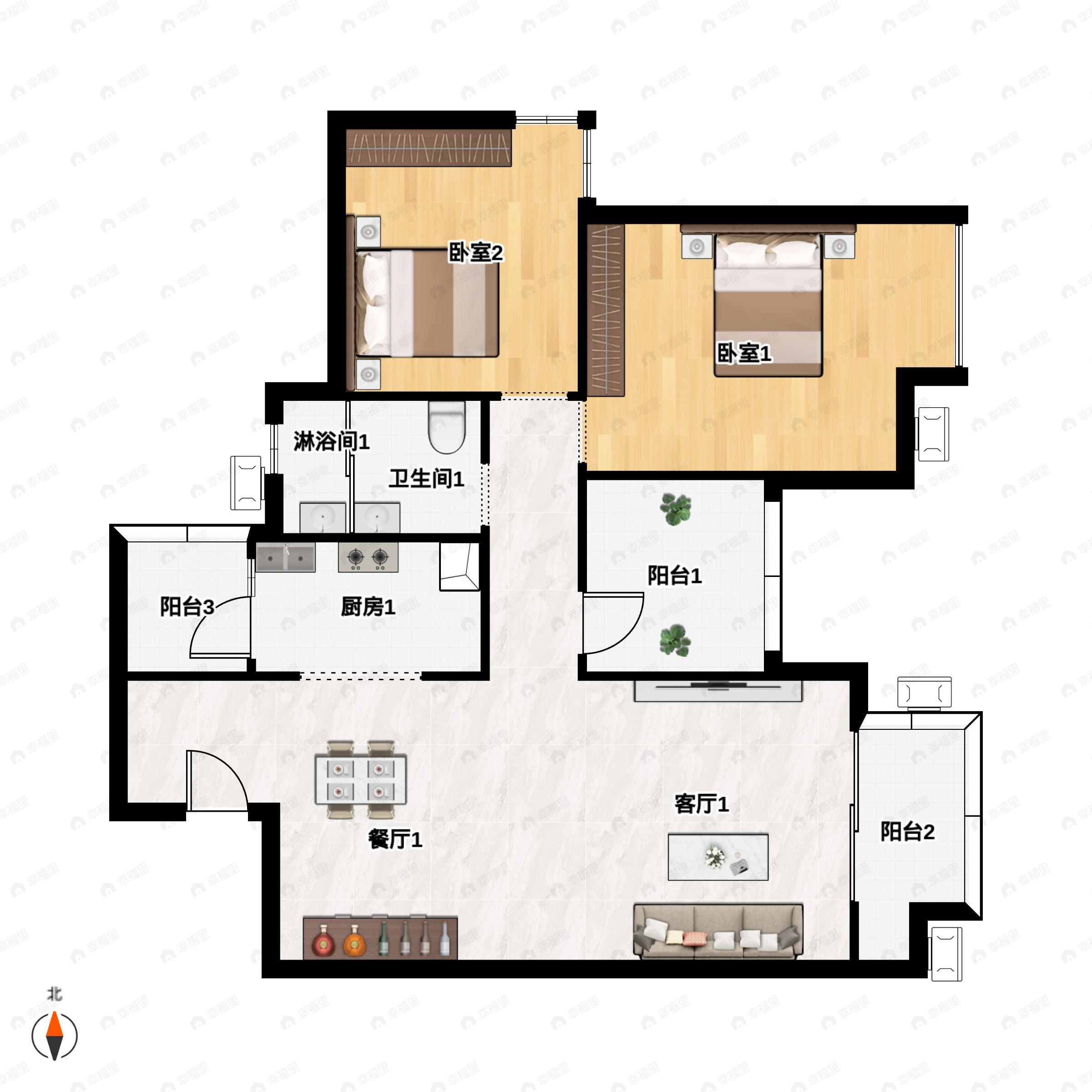 2室2厅1卫建面98m²南户型图