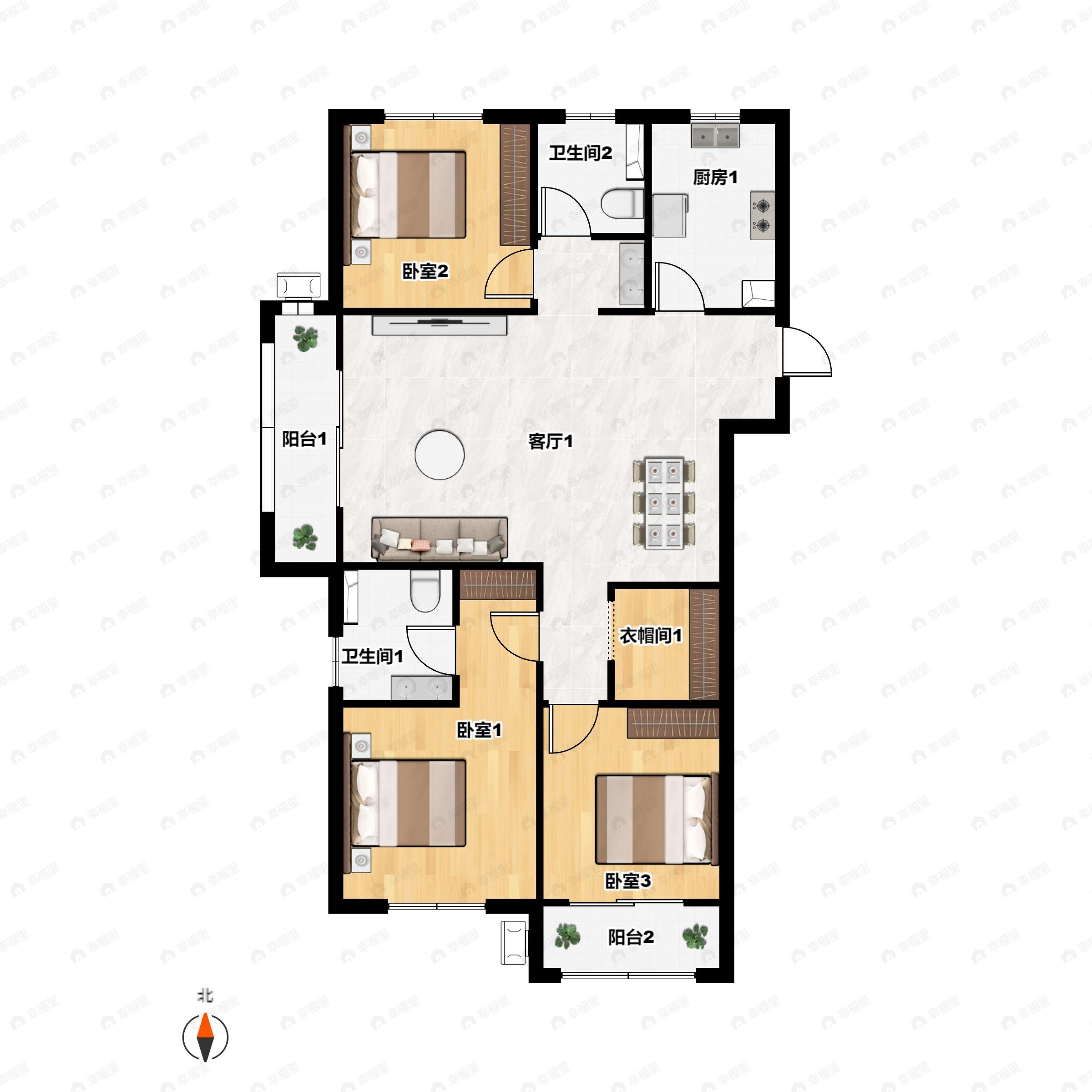 3室2厅2卫建面140平南户型图