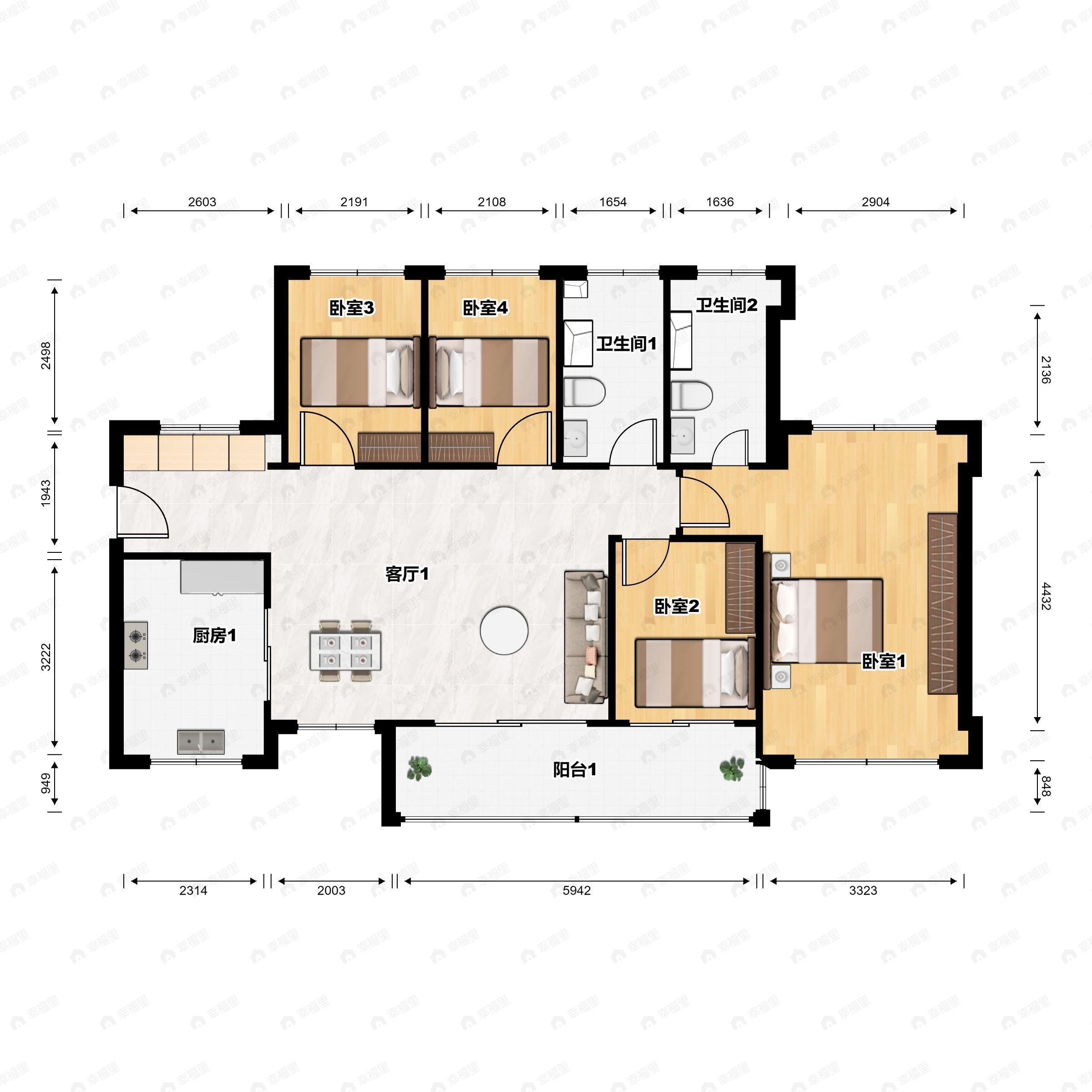 4室2厅2卫建面111平户型图