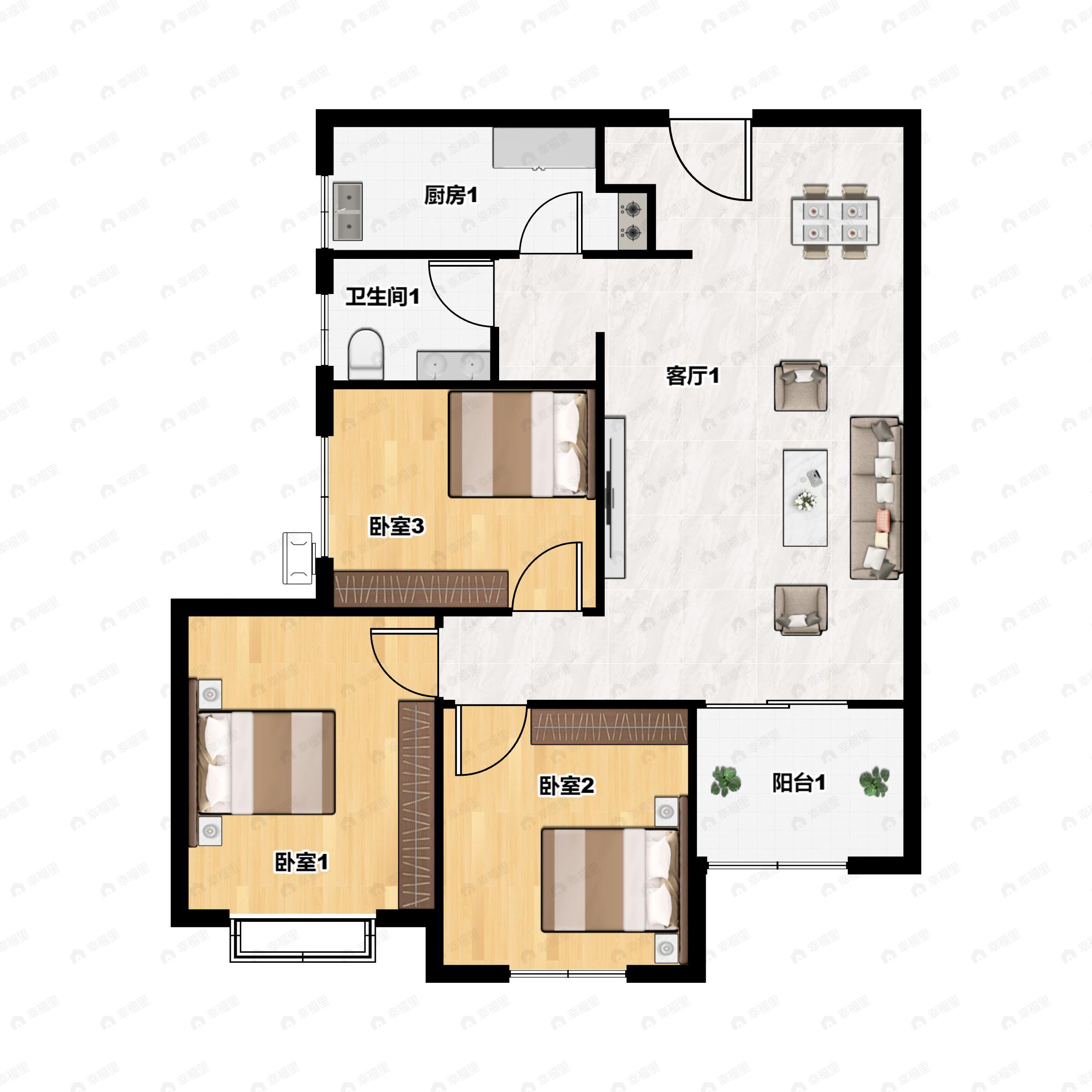 3室2厅1卫建面100平户型图