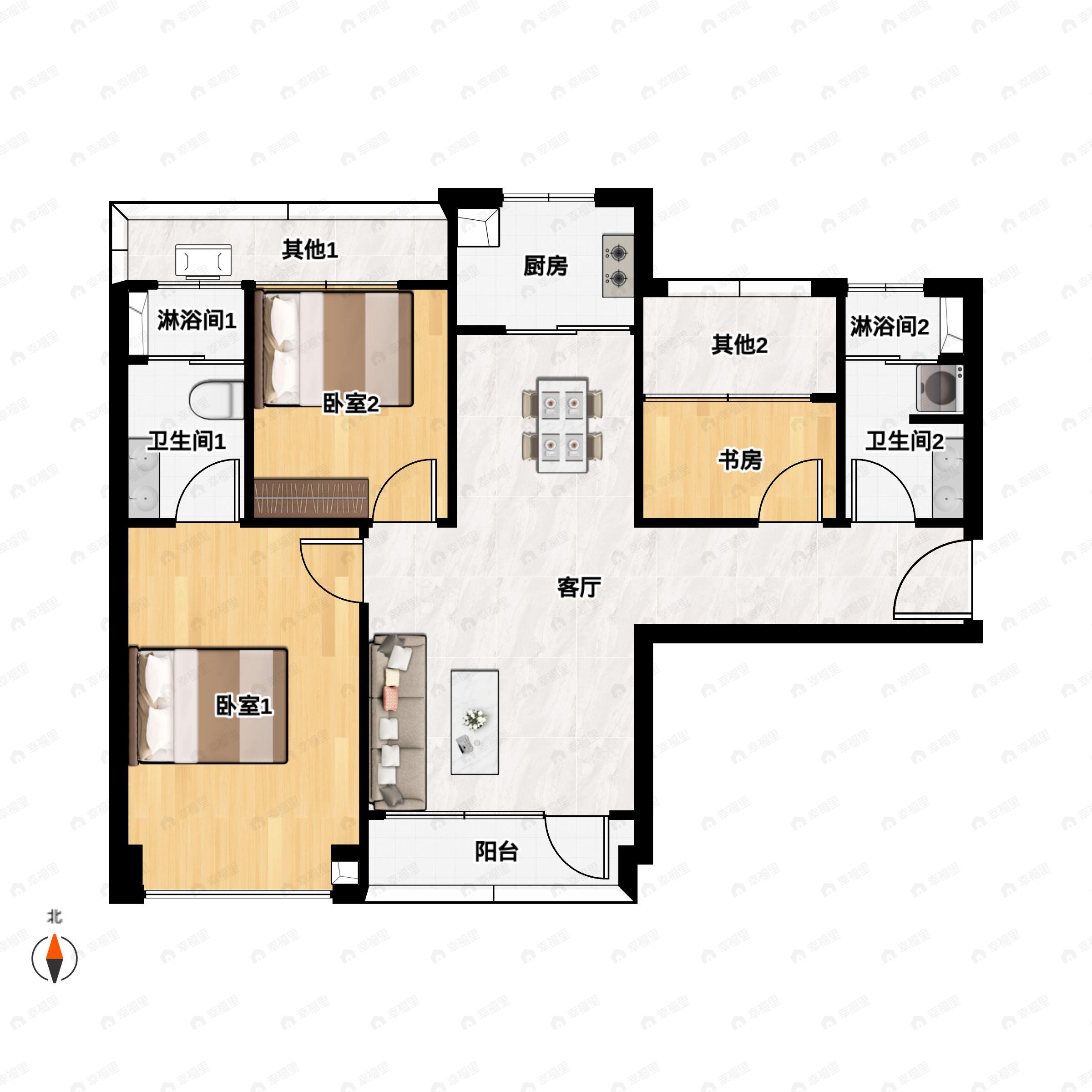 3室2厅2卫建面99m²北|南户型图