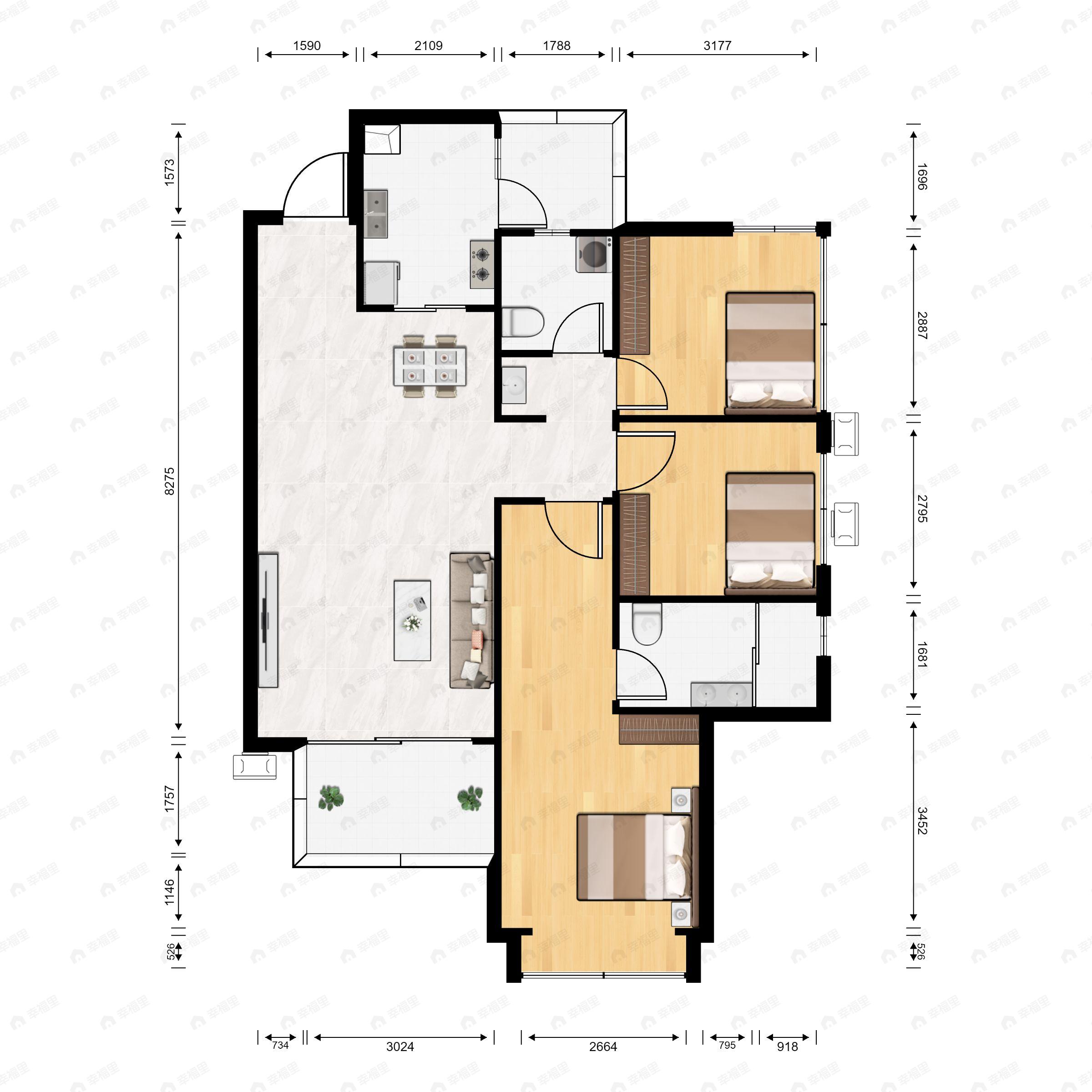 3室2厅2卫建面108平户型图