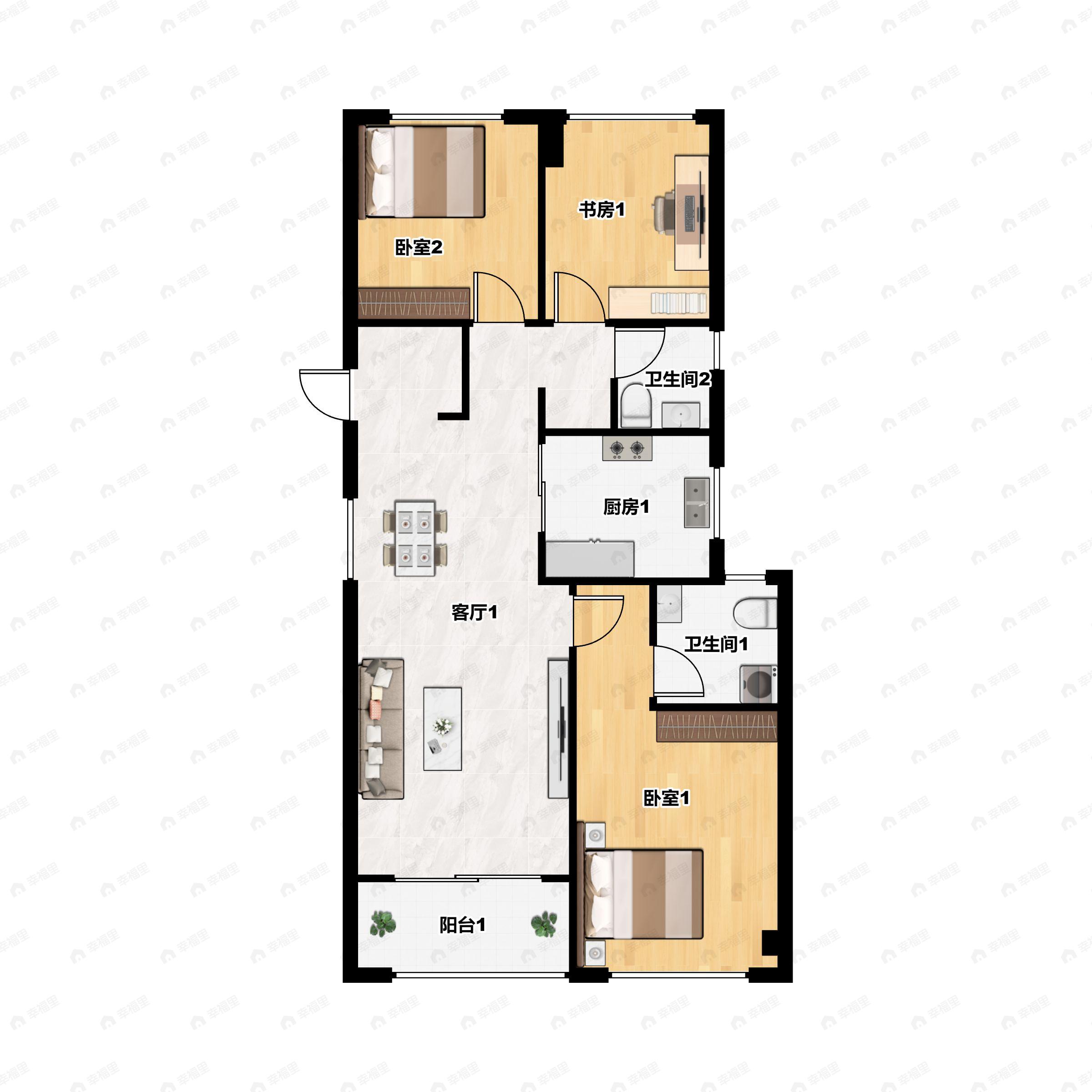 3室2厅2卫建面57平户型图