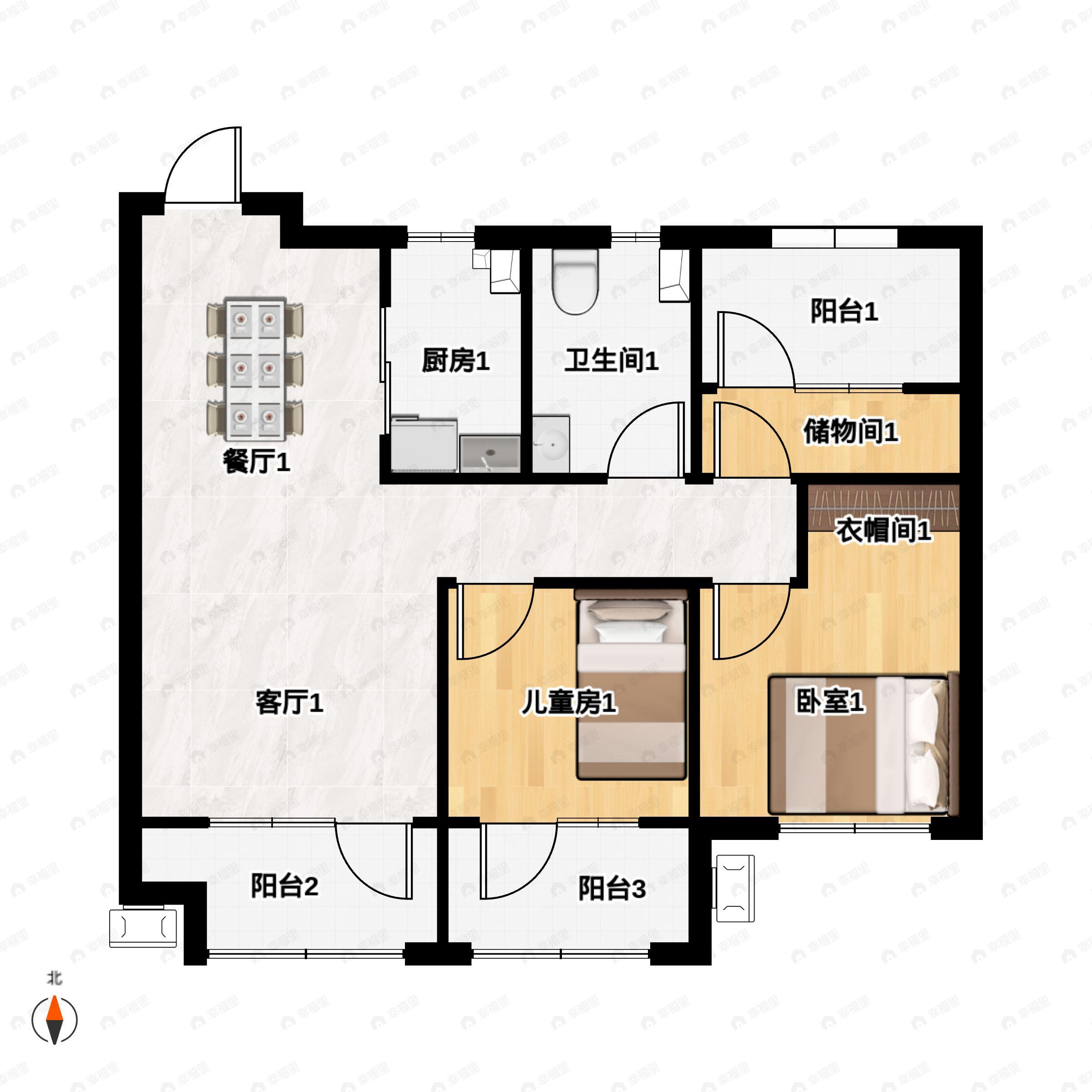 3室2厅1卫建面95平户型图
