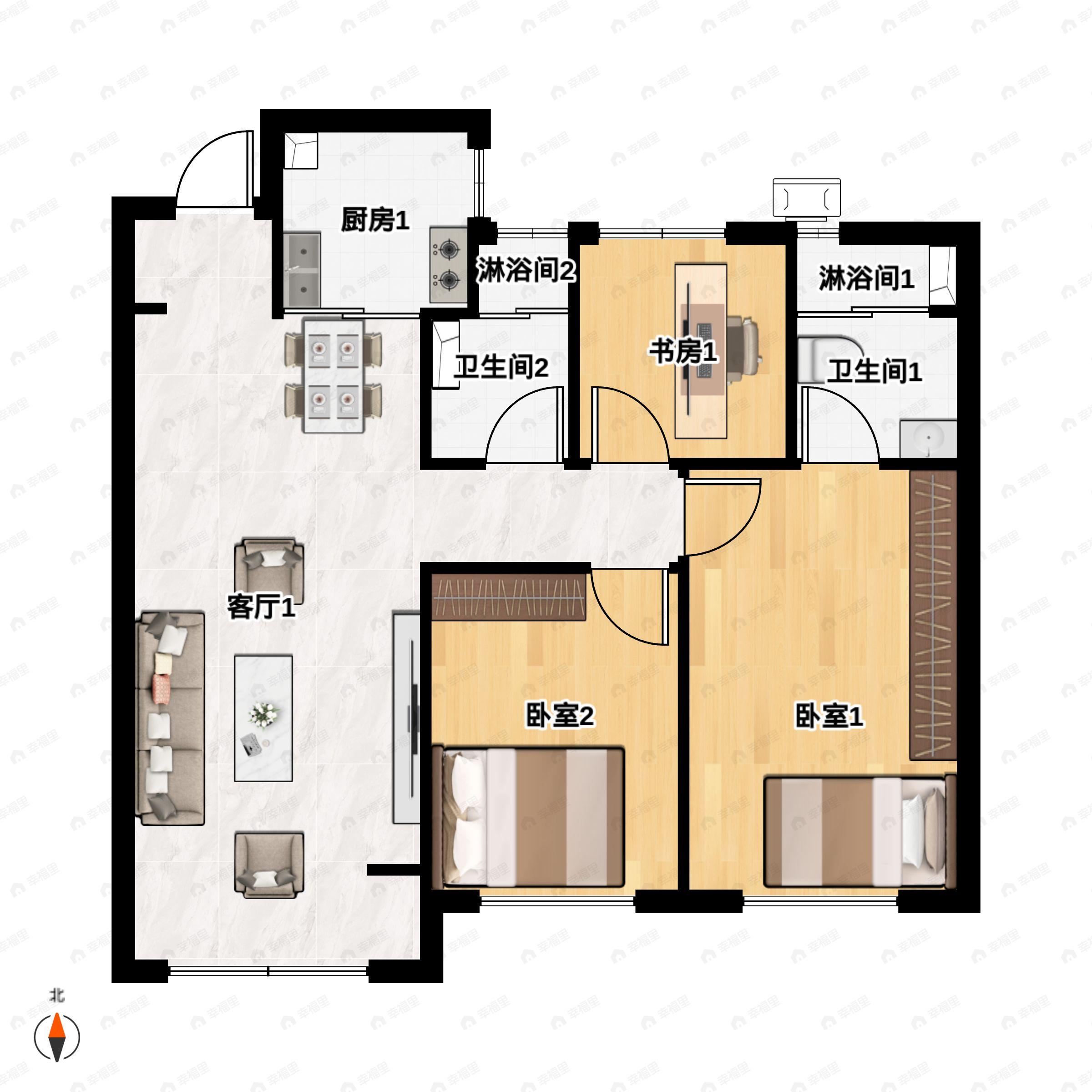3室2厅2卫建面99平北|南户型图