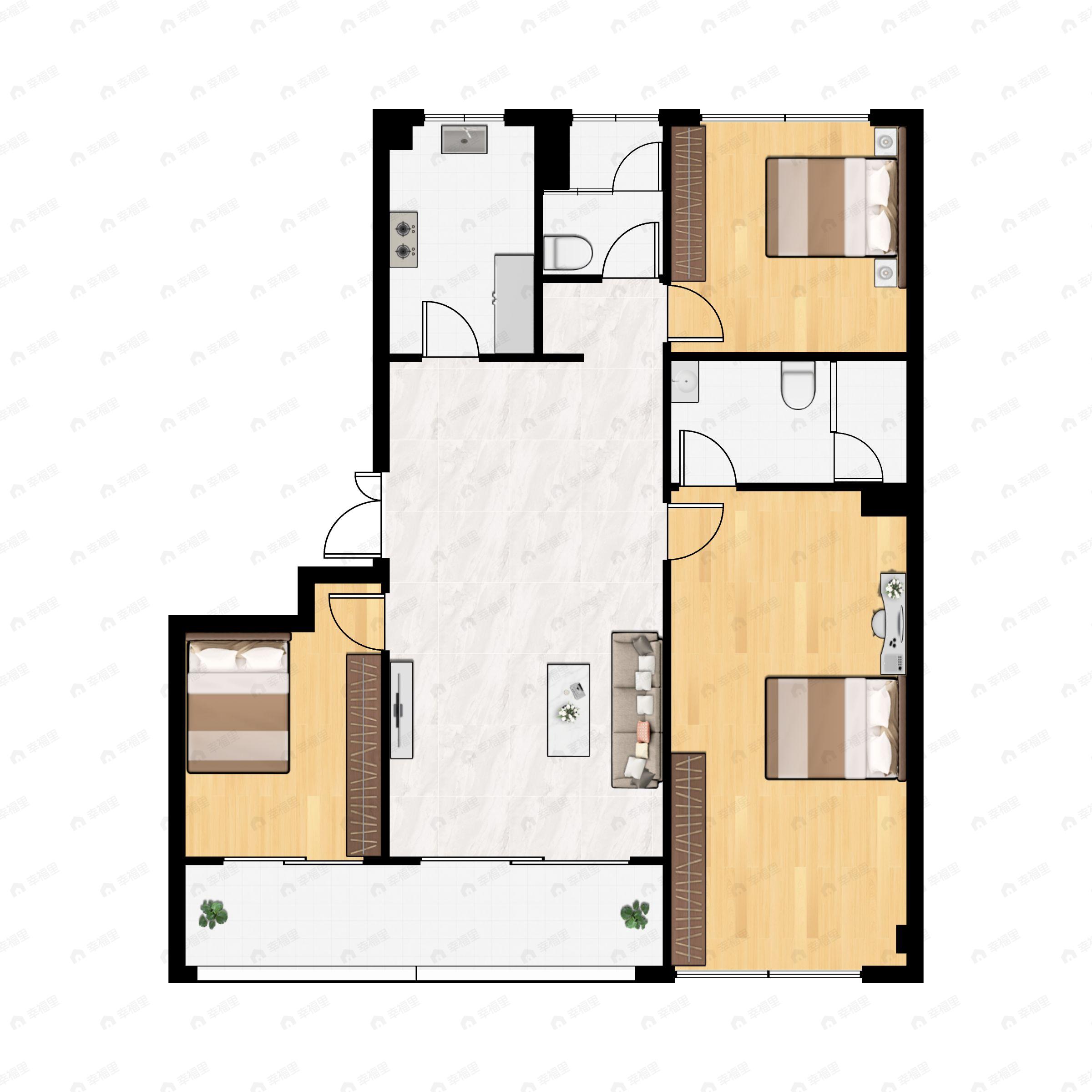 3室2厅2卫建面121m²南户型图