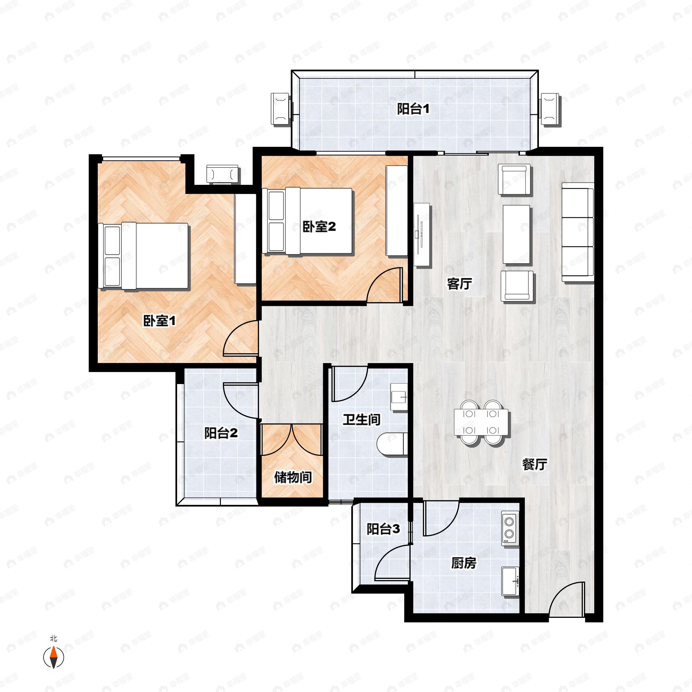 3室2厅1卫建面86平南户型图
