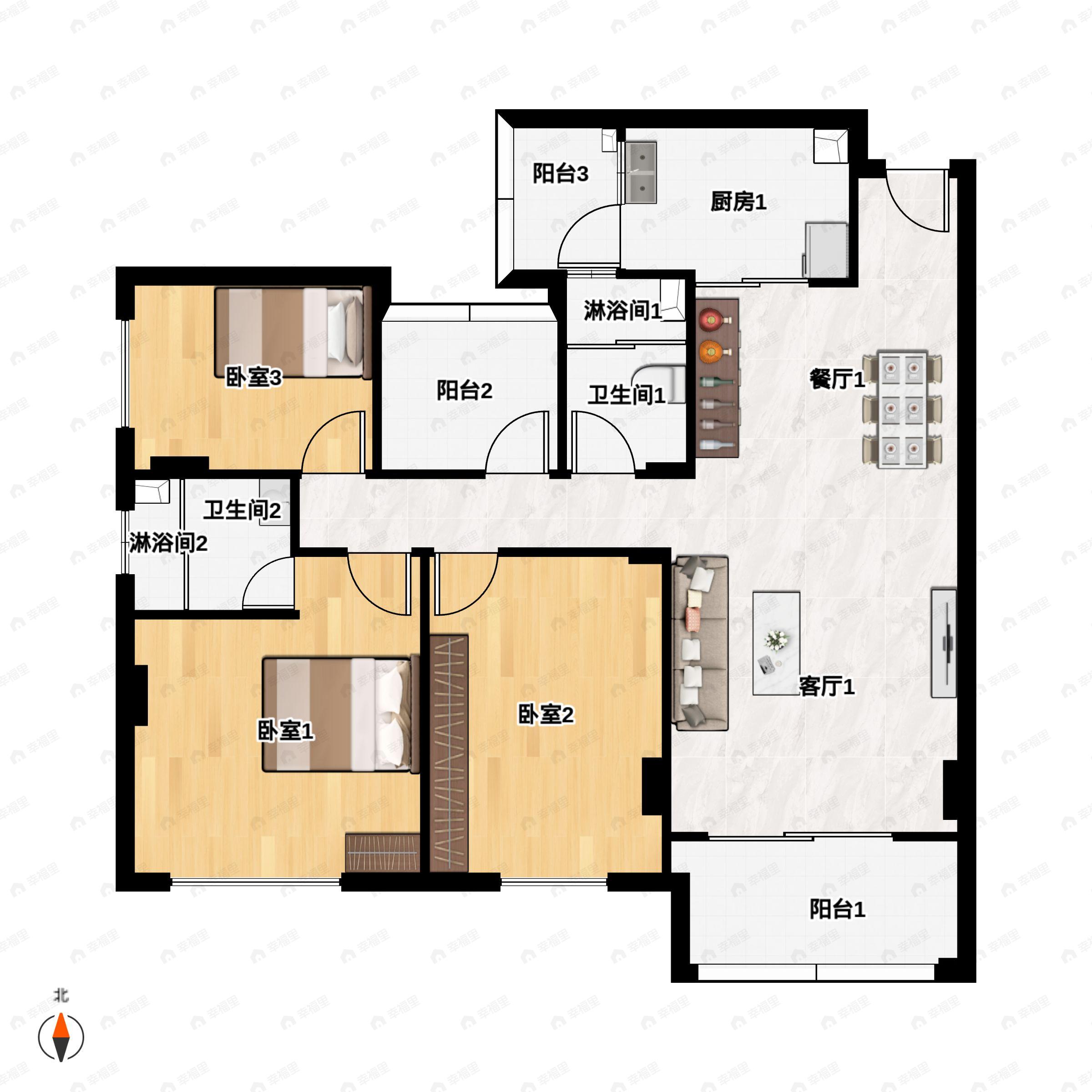 4室2厅2卫建面103平北|南户型图