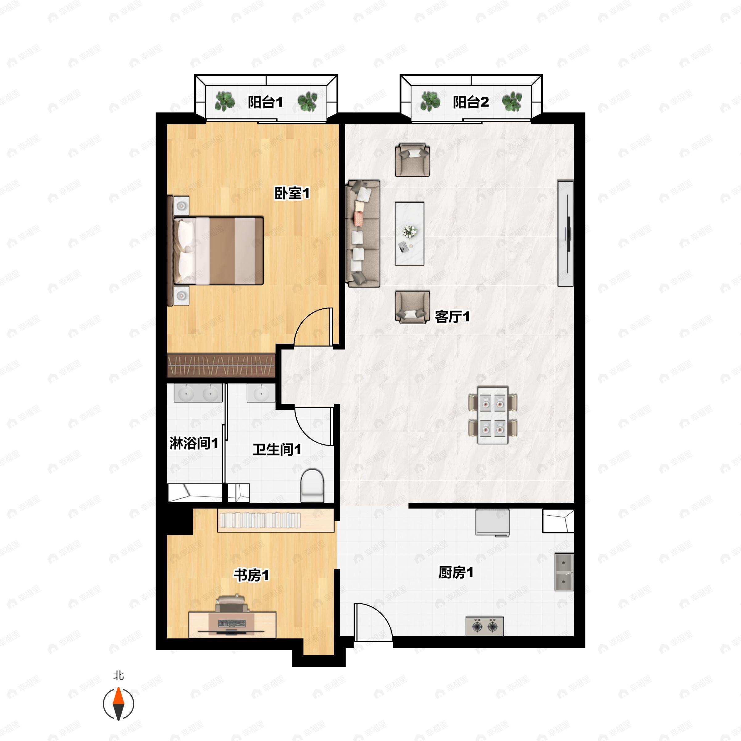1室2厅1卫建面112平南户型图