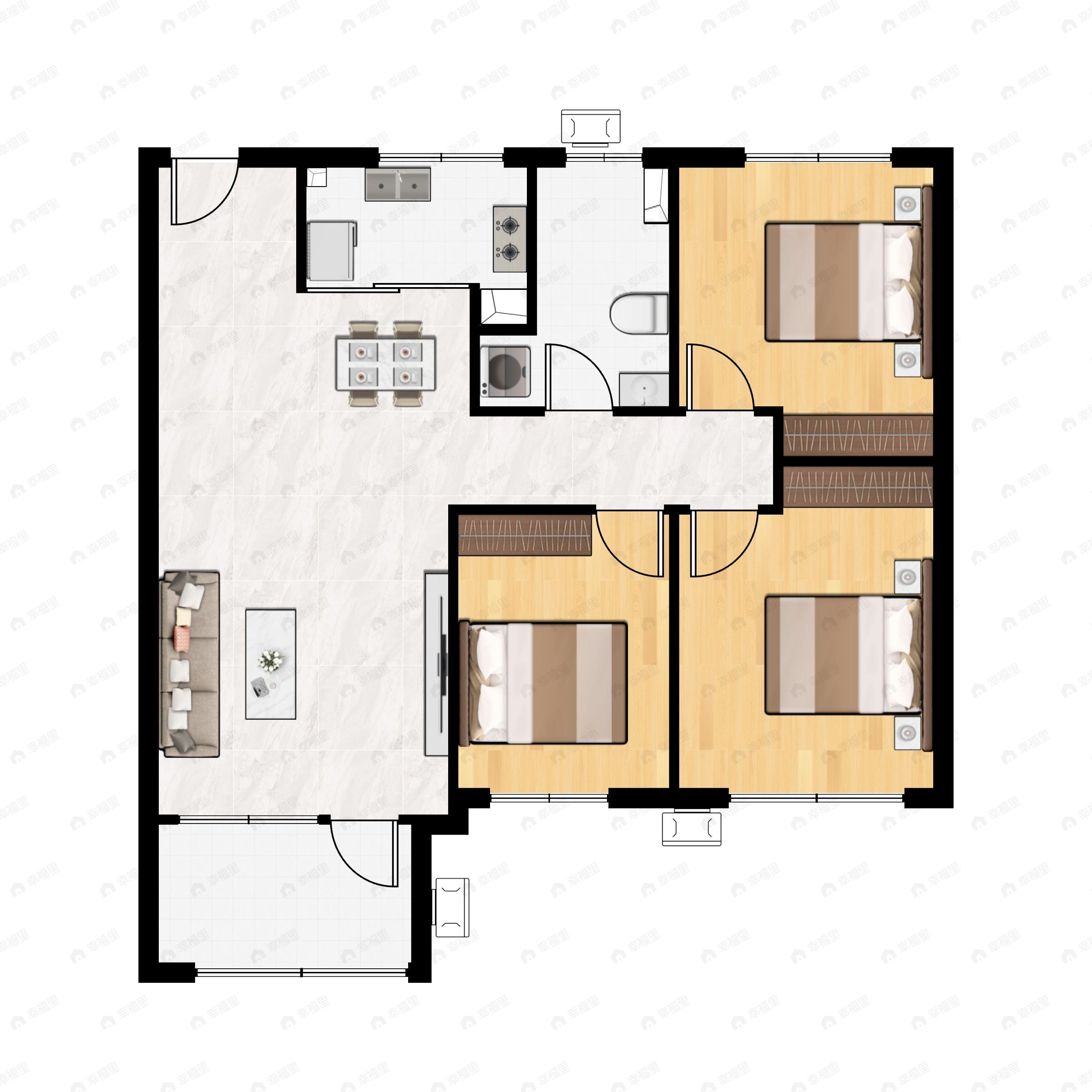 3室2厅1卫建面100平北|南户型图