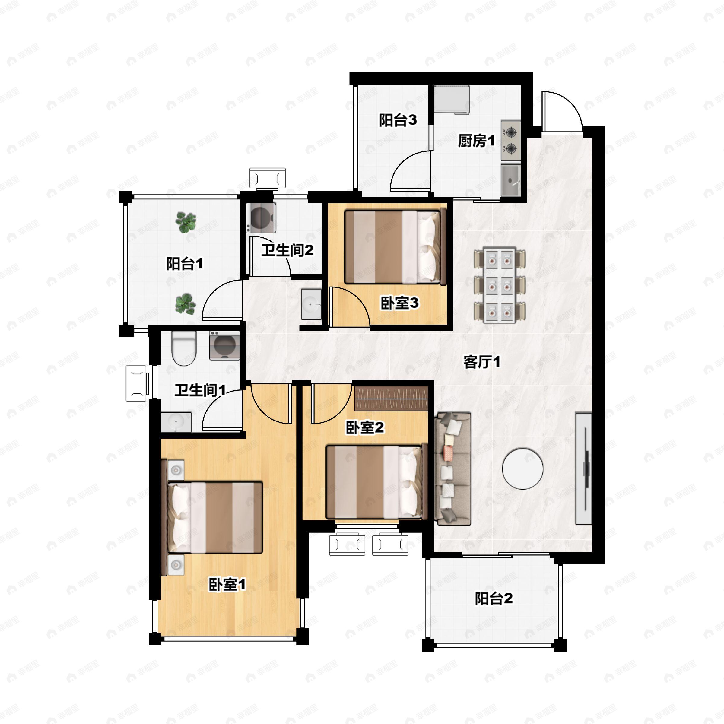 3室2厅2卫建面96m²南户型图