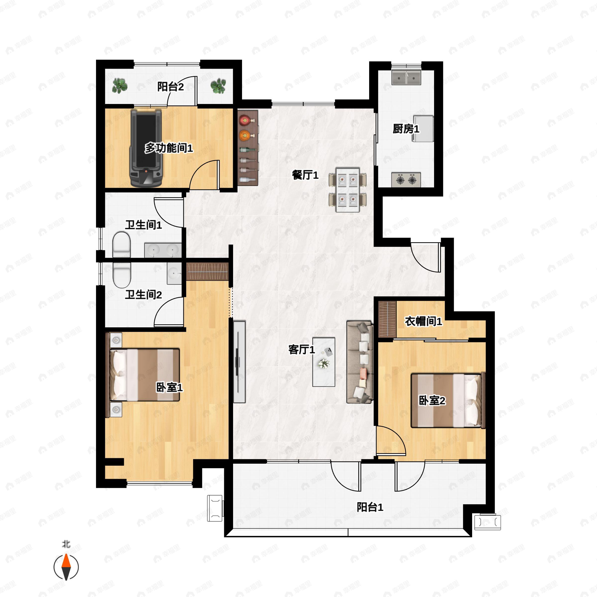 3室2厅2卫建面131m²户型图