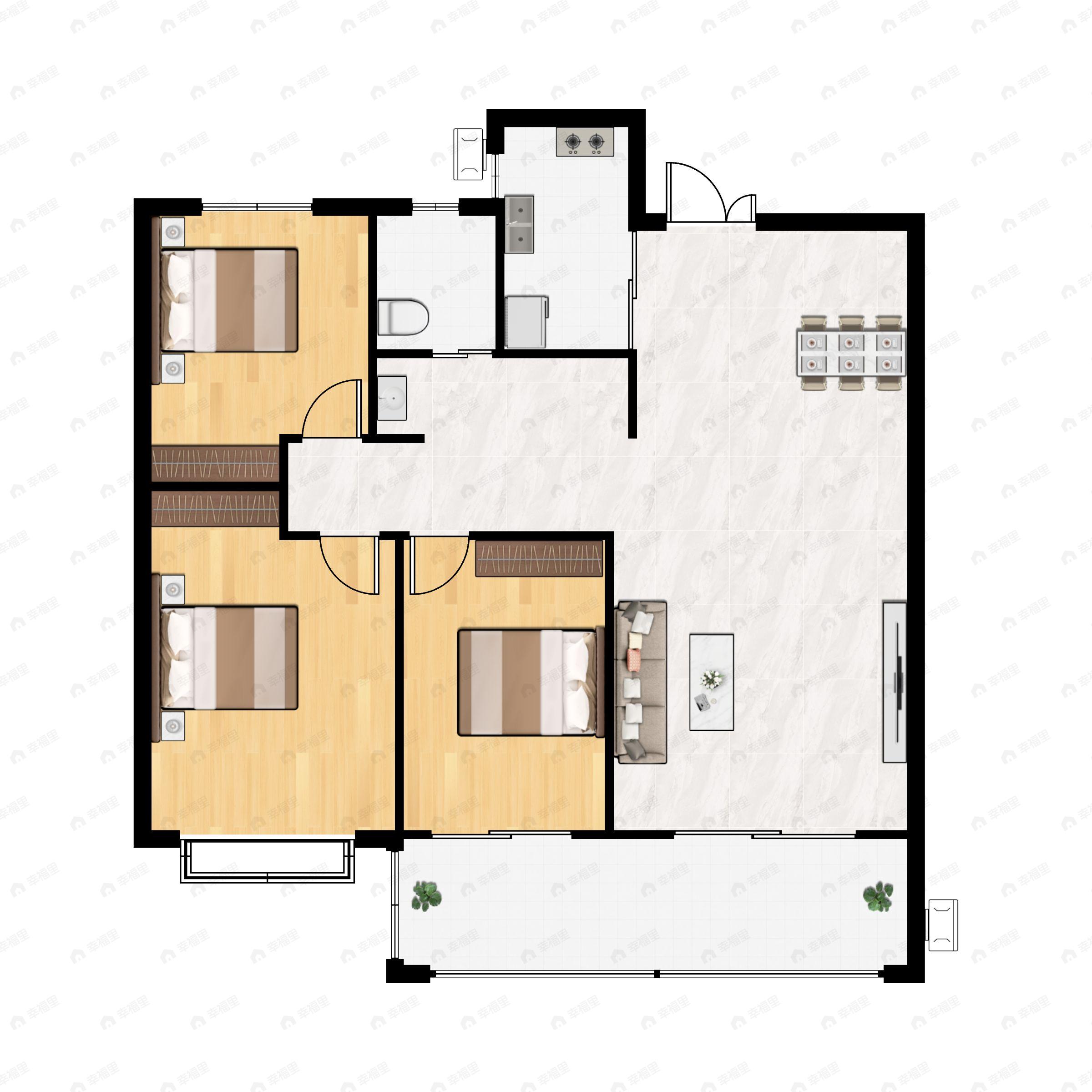 3室2厅1卫建面123m²南户型图