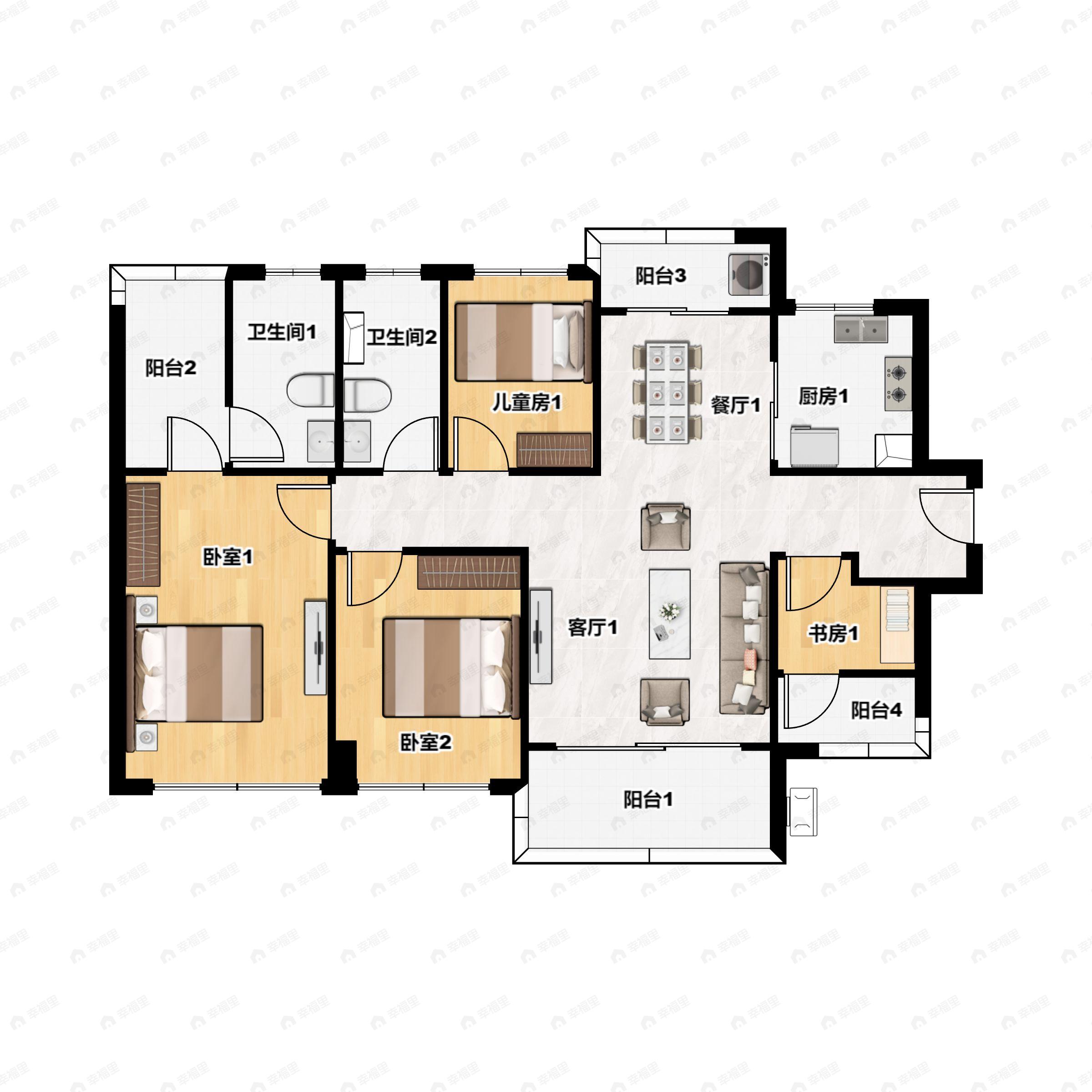 2室2厅2卫建面85m²西北户型图