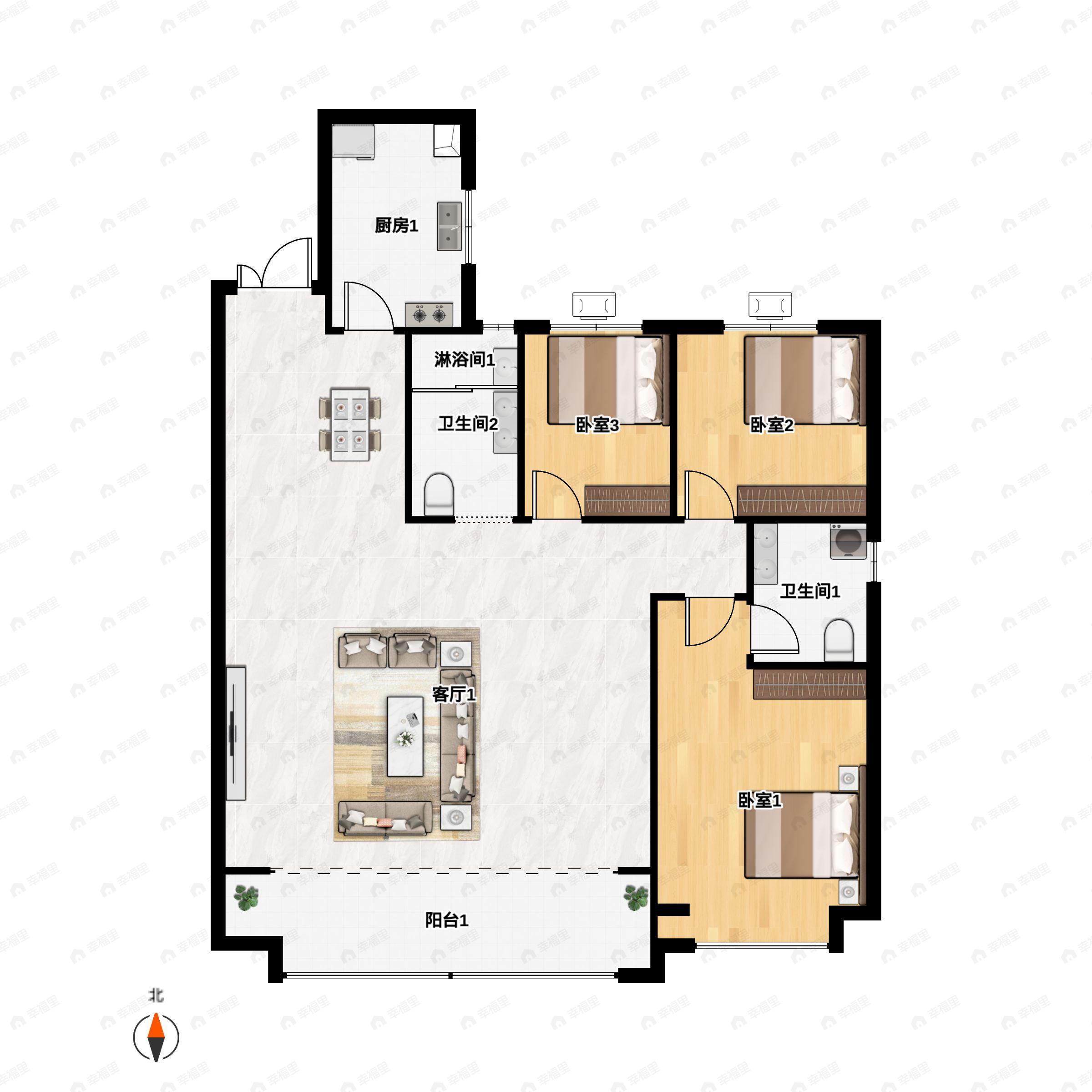 建大壹号3室2厅2卫户型图
