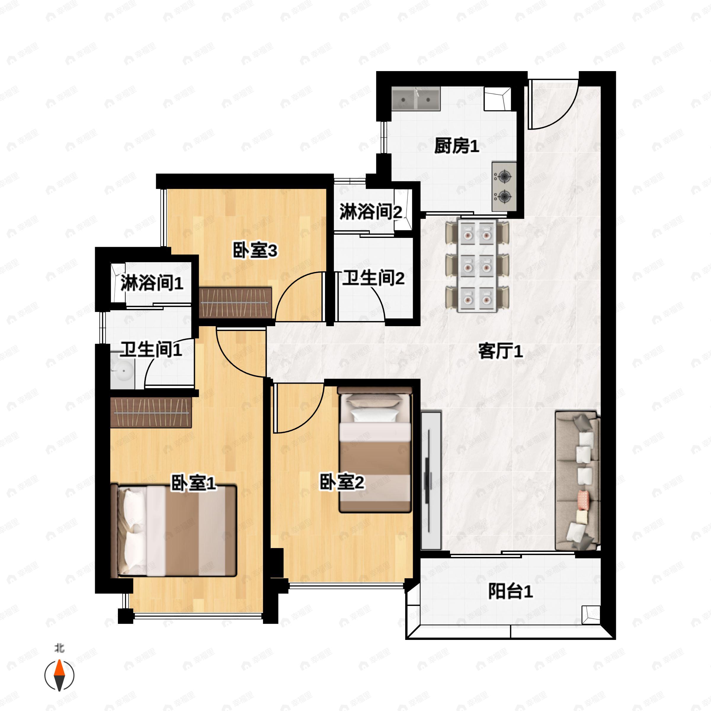 3室2厅2卫建面98平户型图