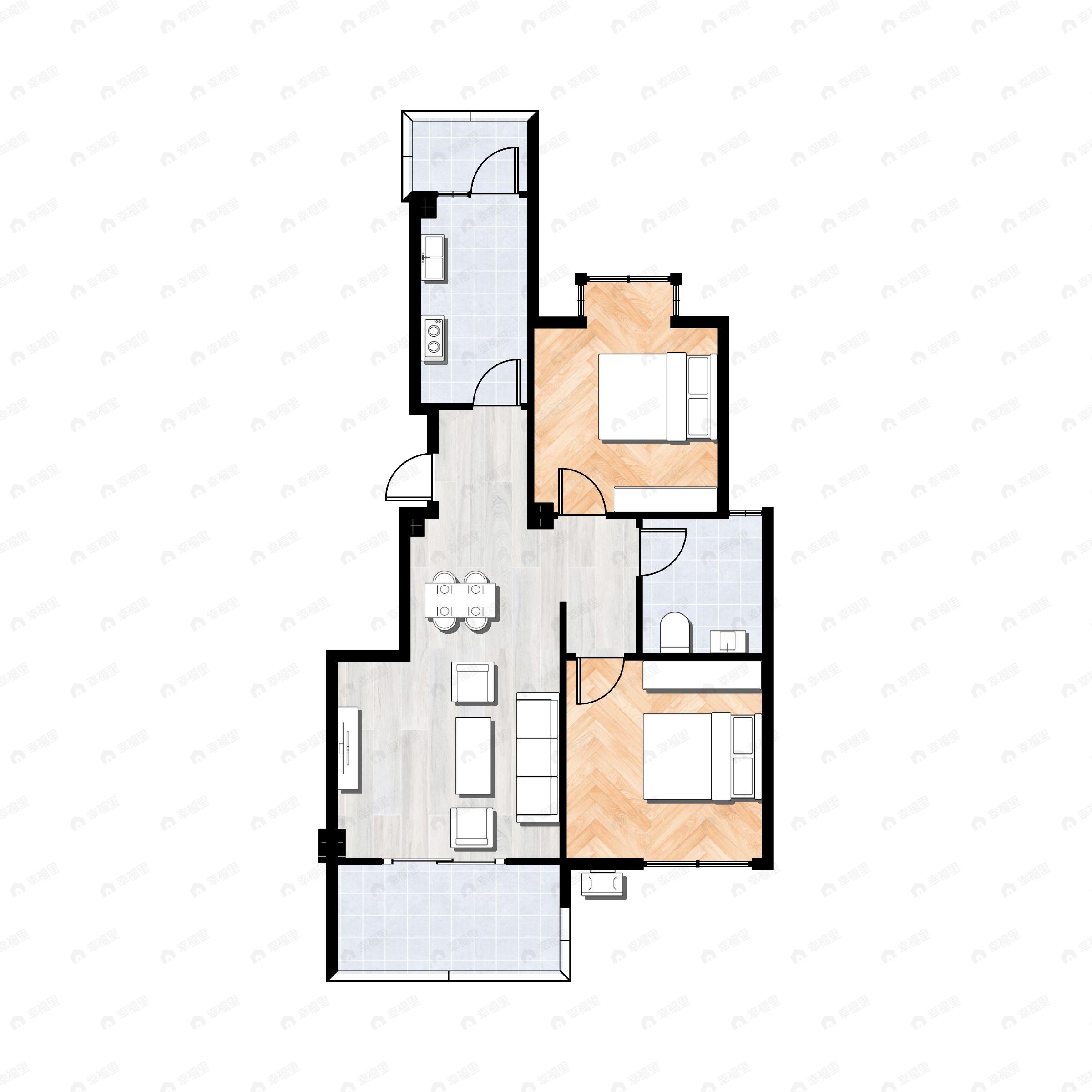 2室2厅1卫建面69平南|东|西|北户型图