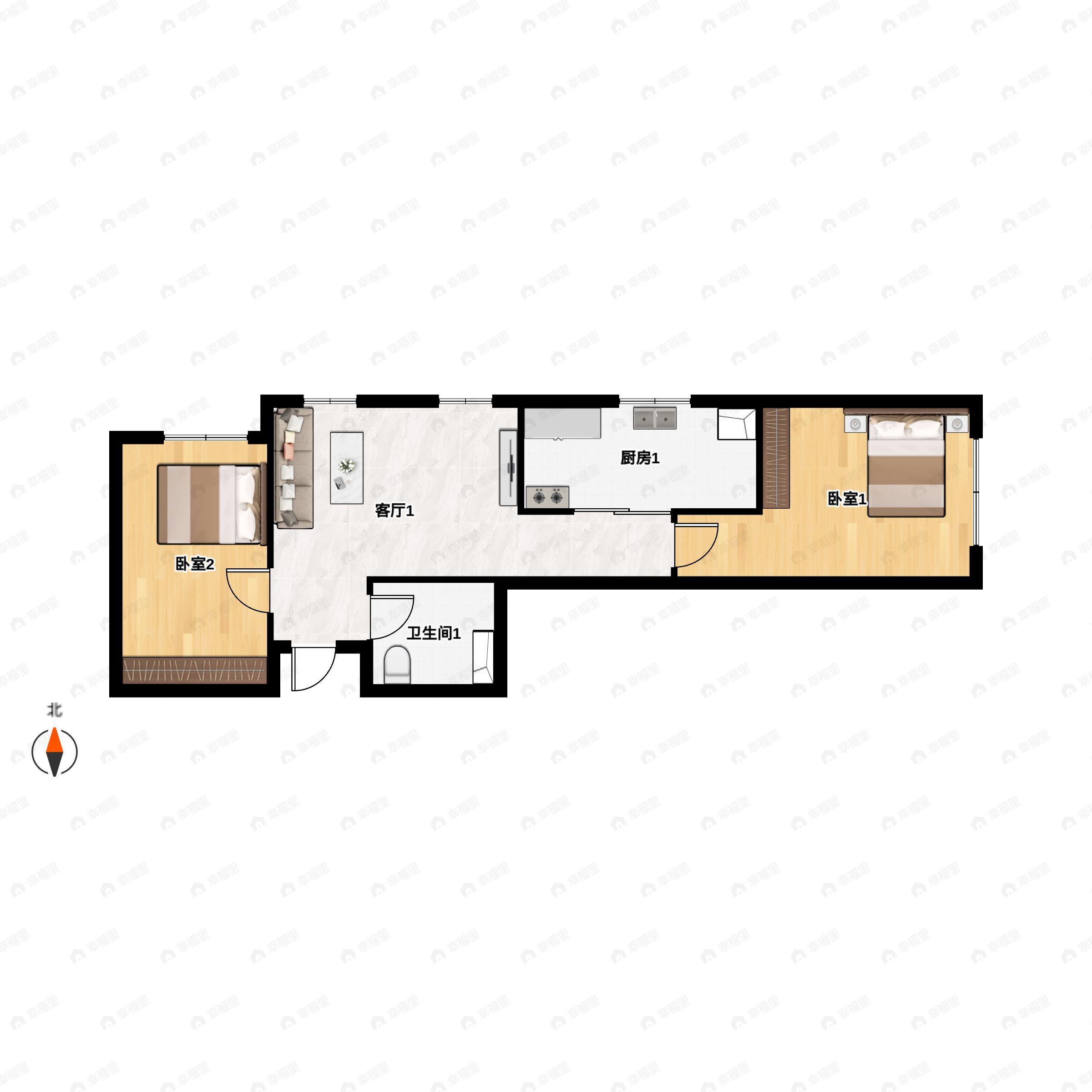 2室2厅1卫建面67m²北|东户型图