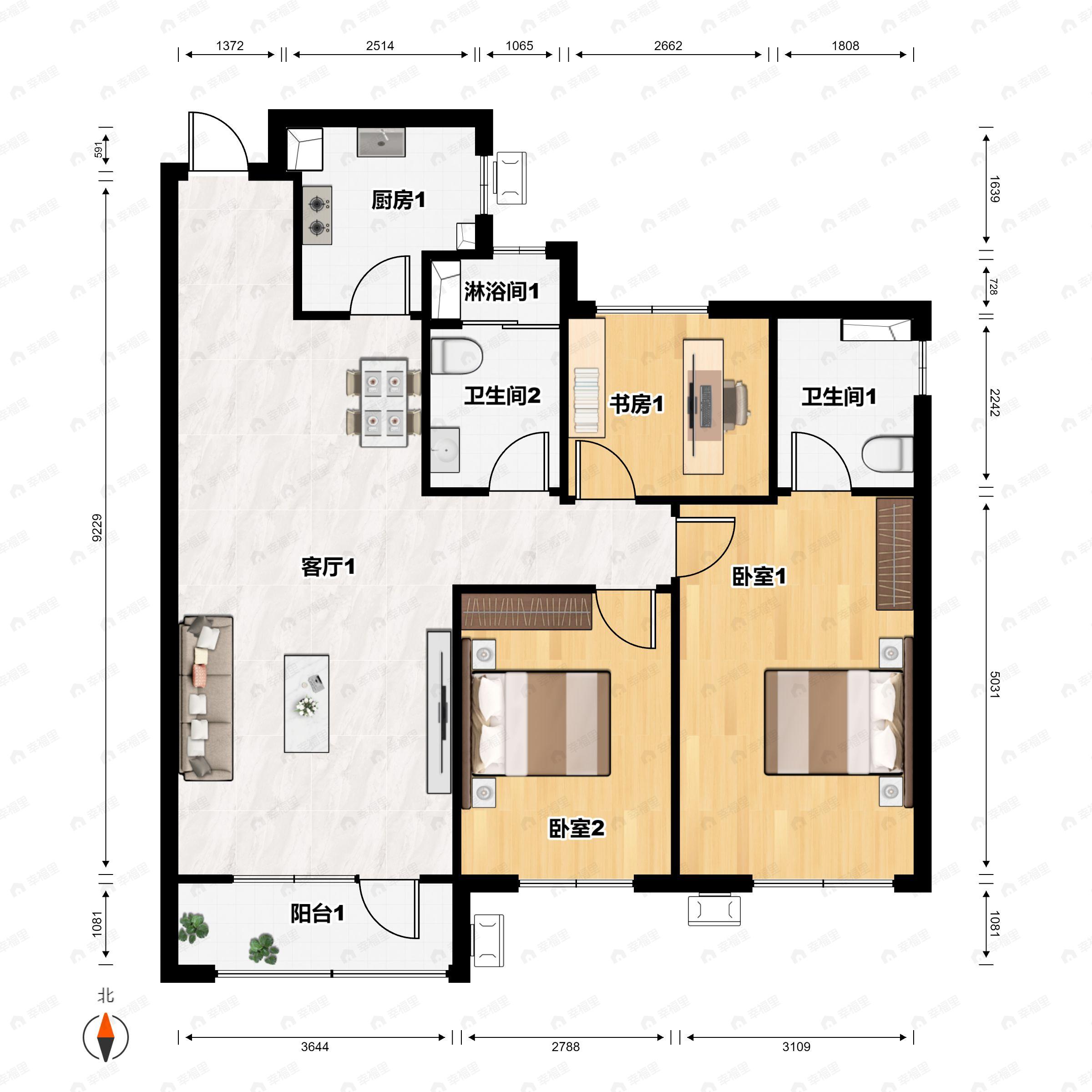 3室2厅2卫建面109m²南户型图