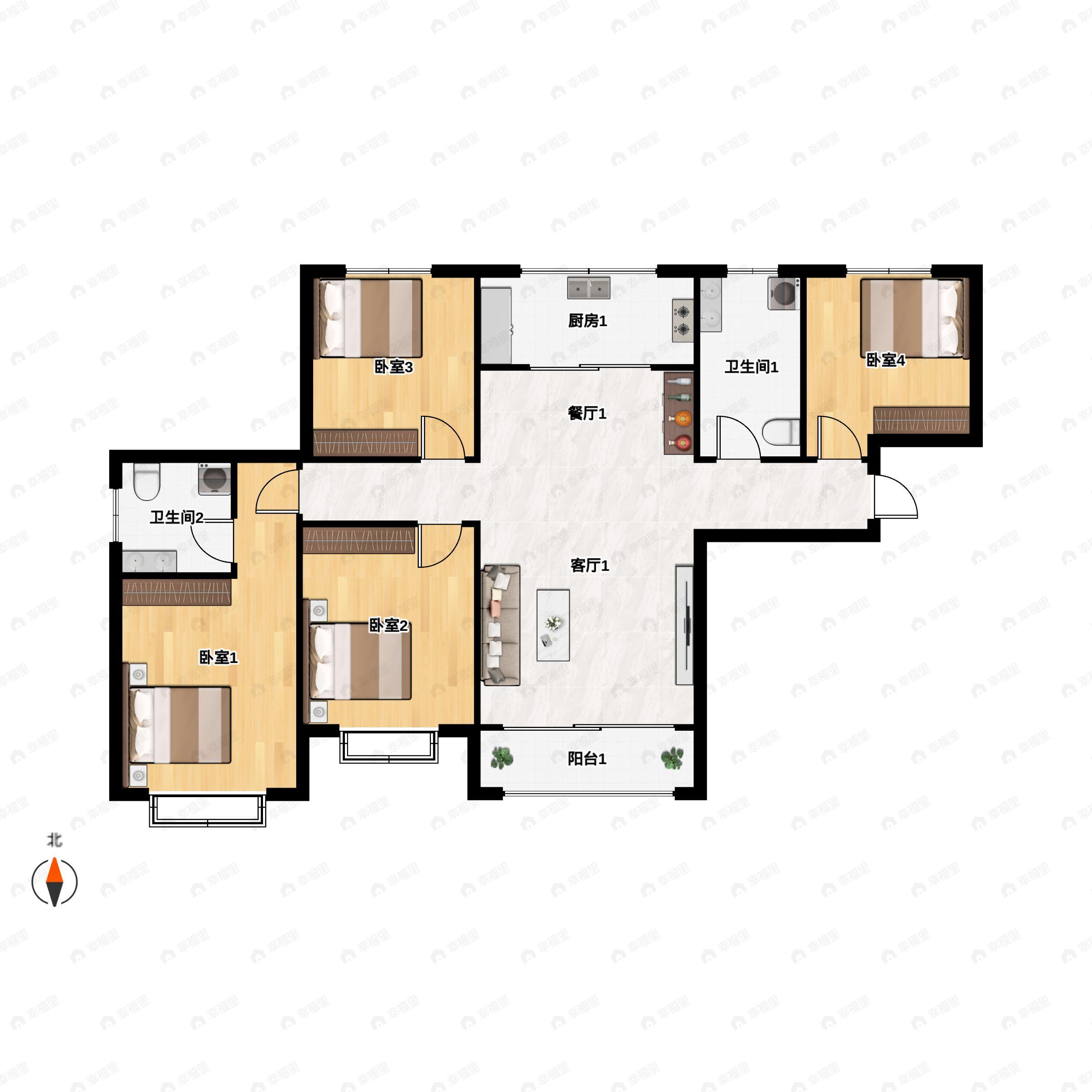 4室2厅2卫建面129平南|西|北户型图