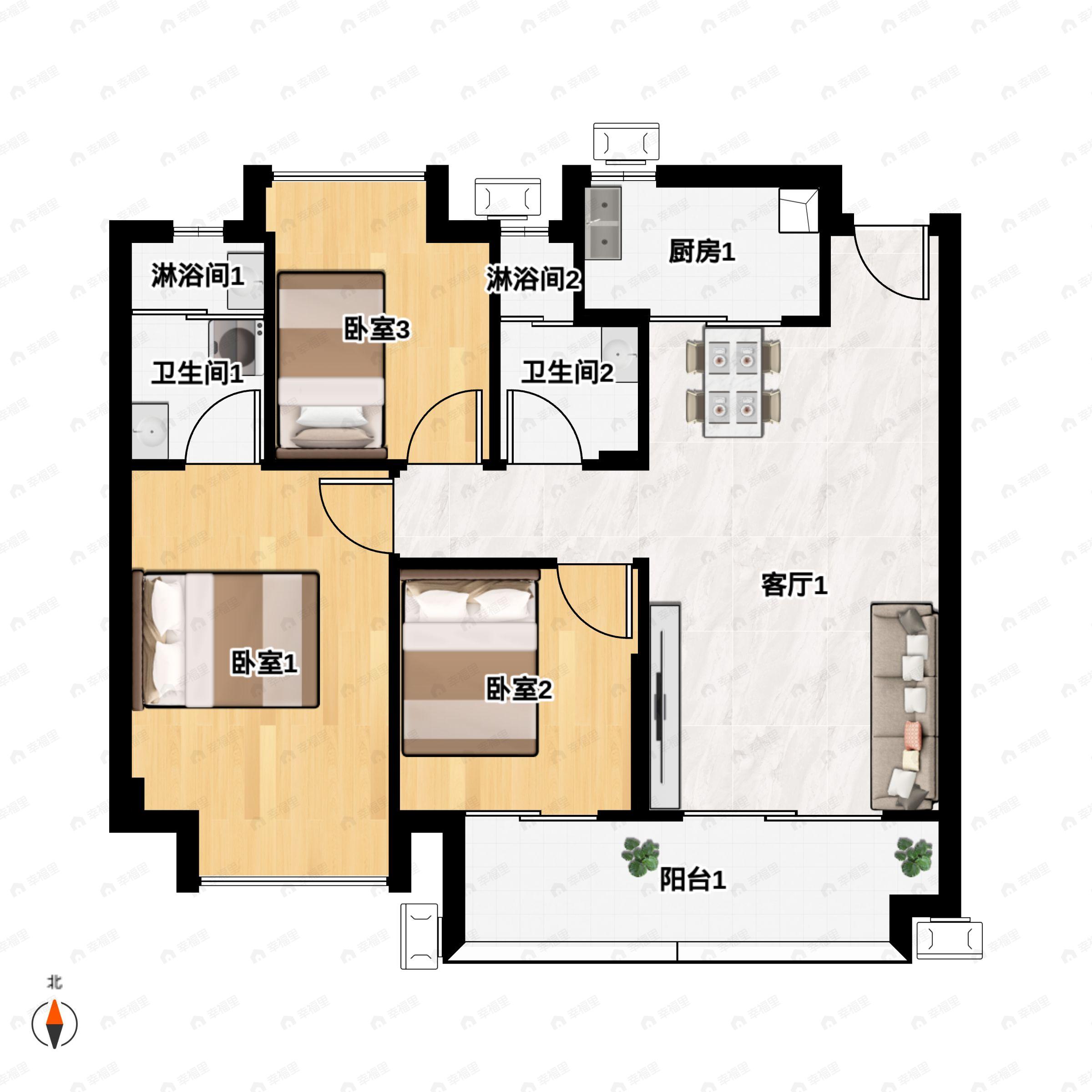 3室2厅2卫建面103m²南户型图