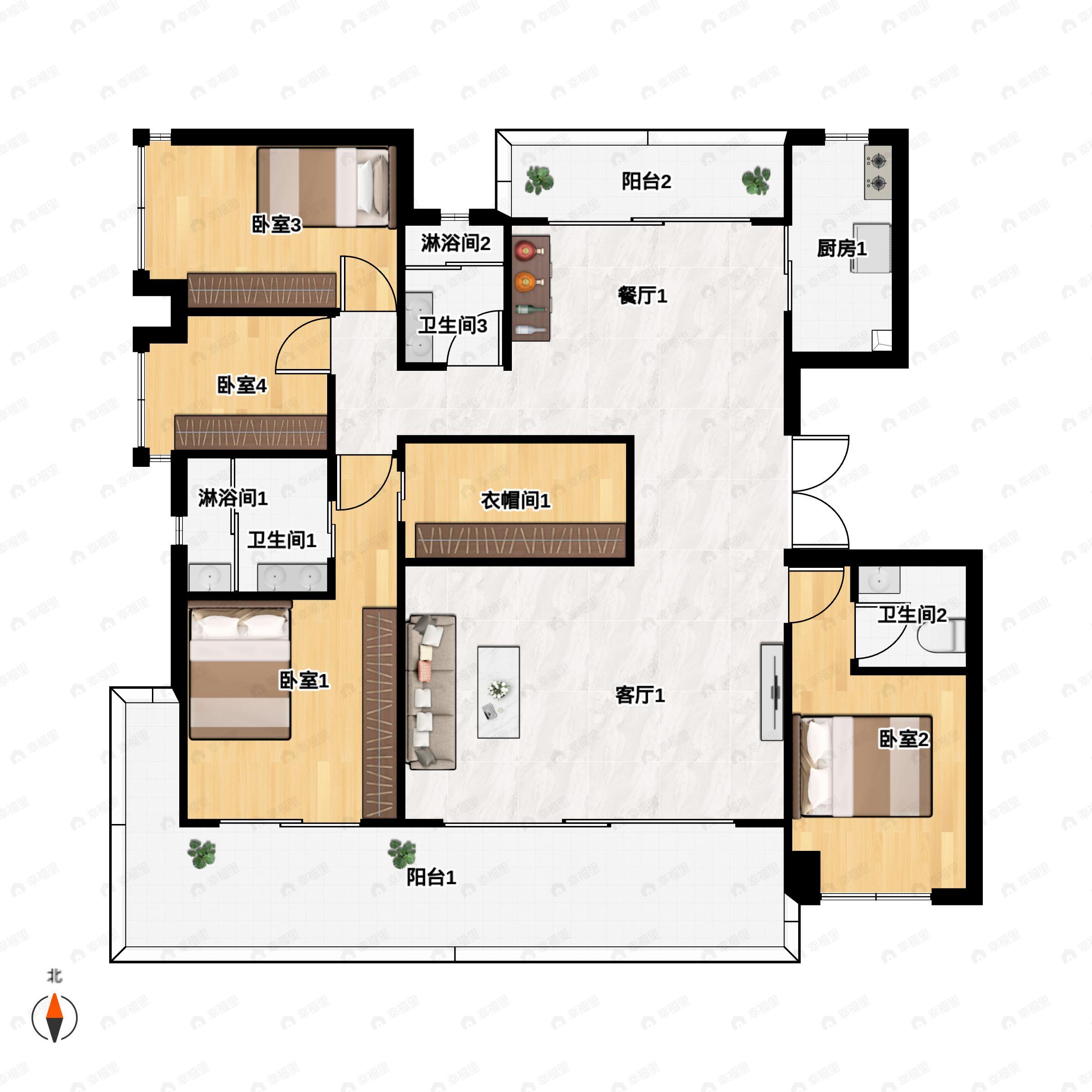 4室2厅3卫建面206平户型图