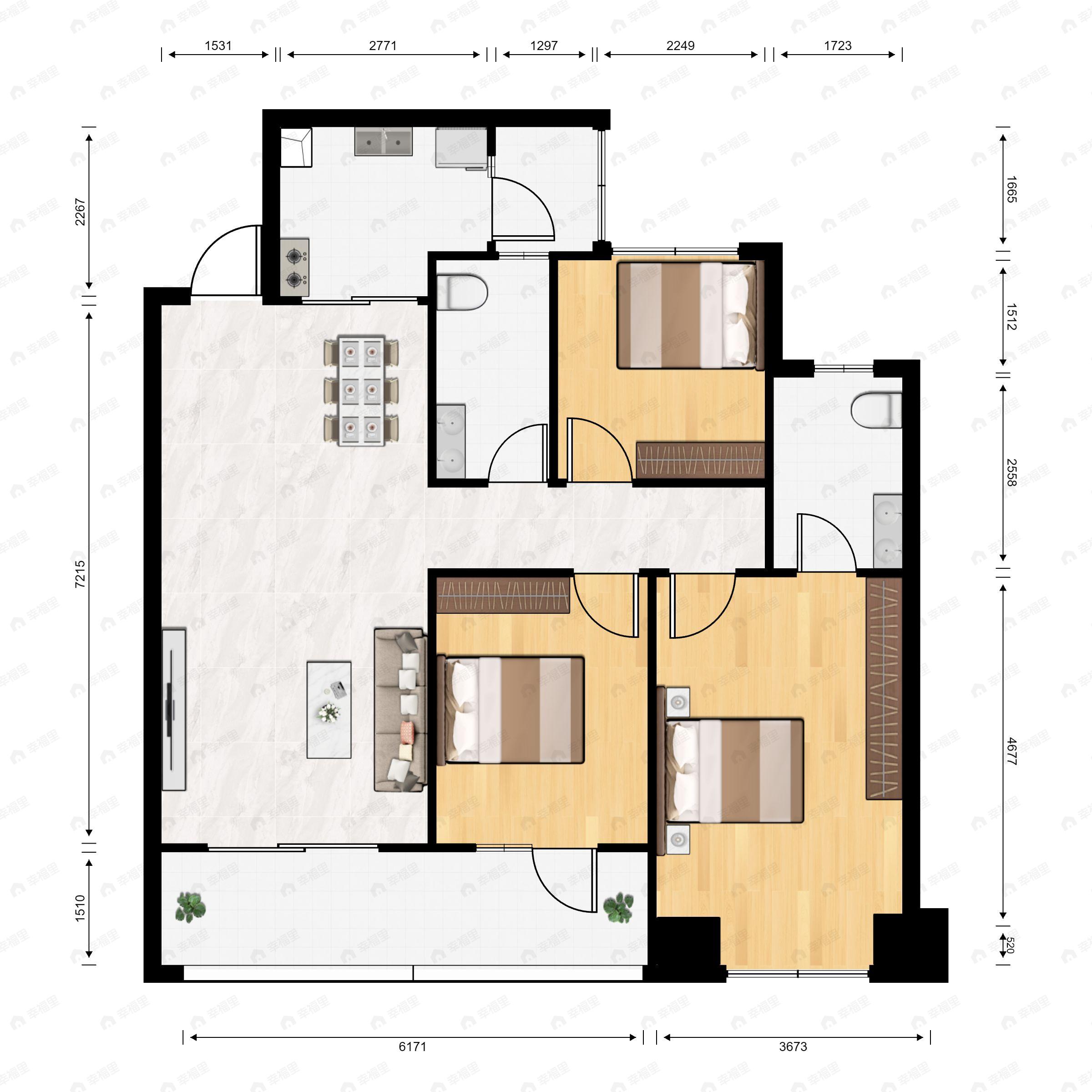 3室2厅2卫建面124m²南户型图