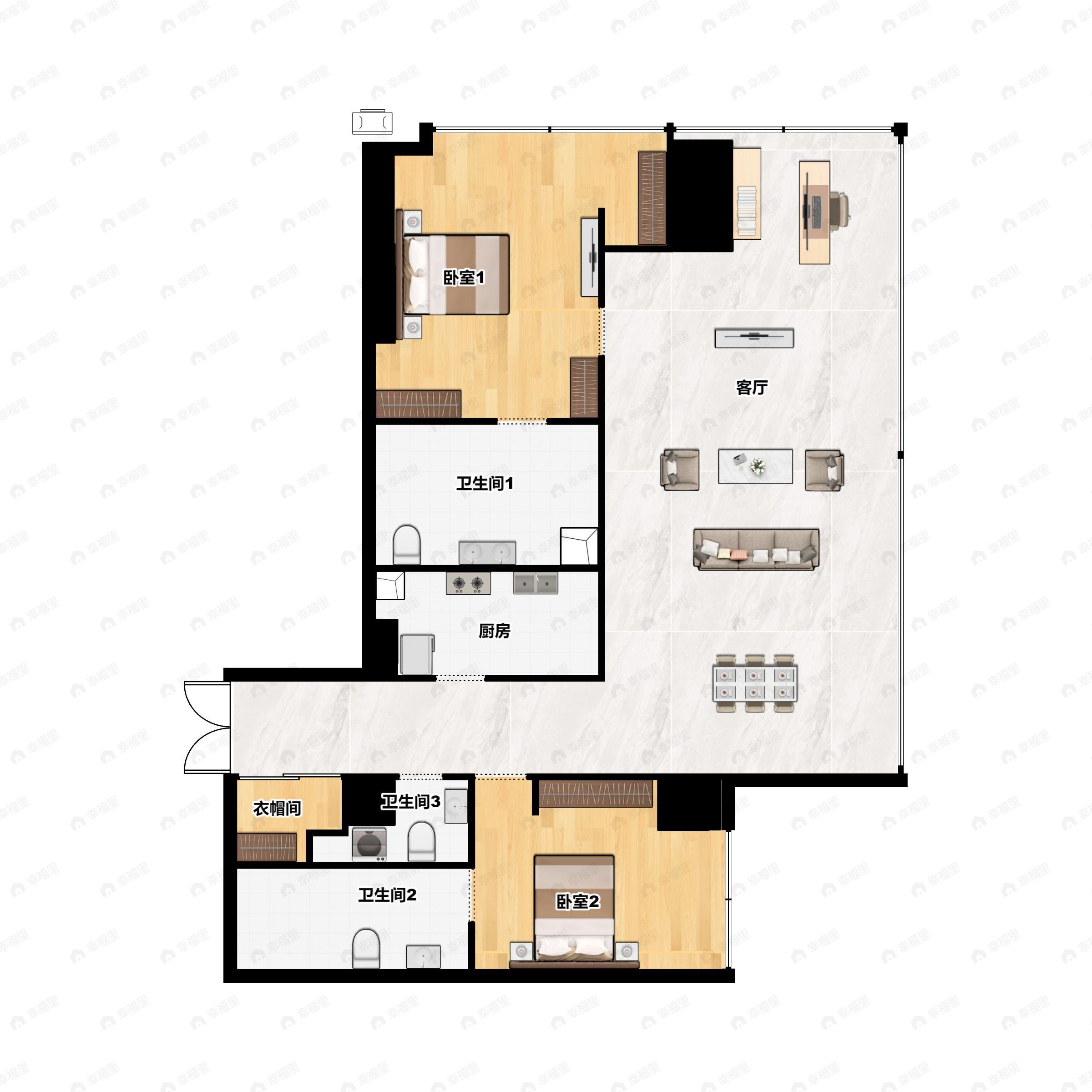 2室2厅2卫建面173平北|南户型图