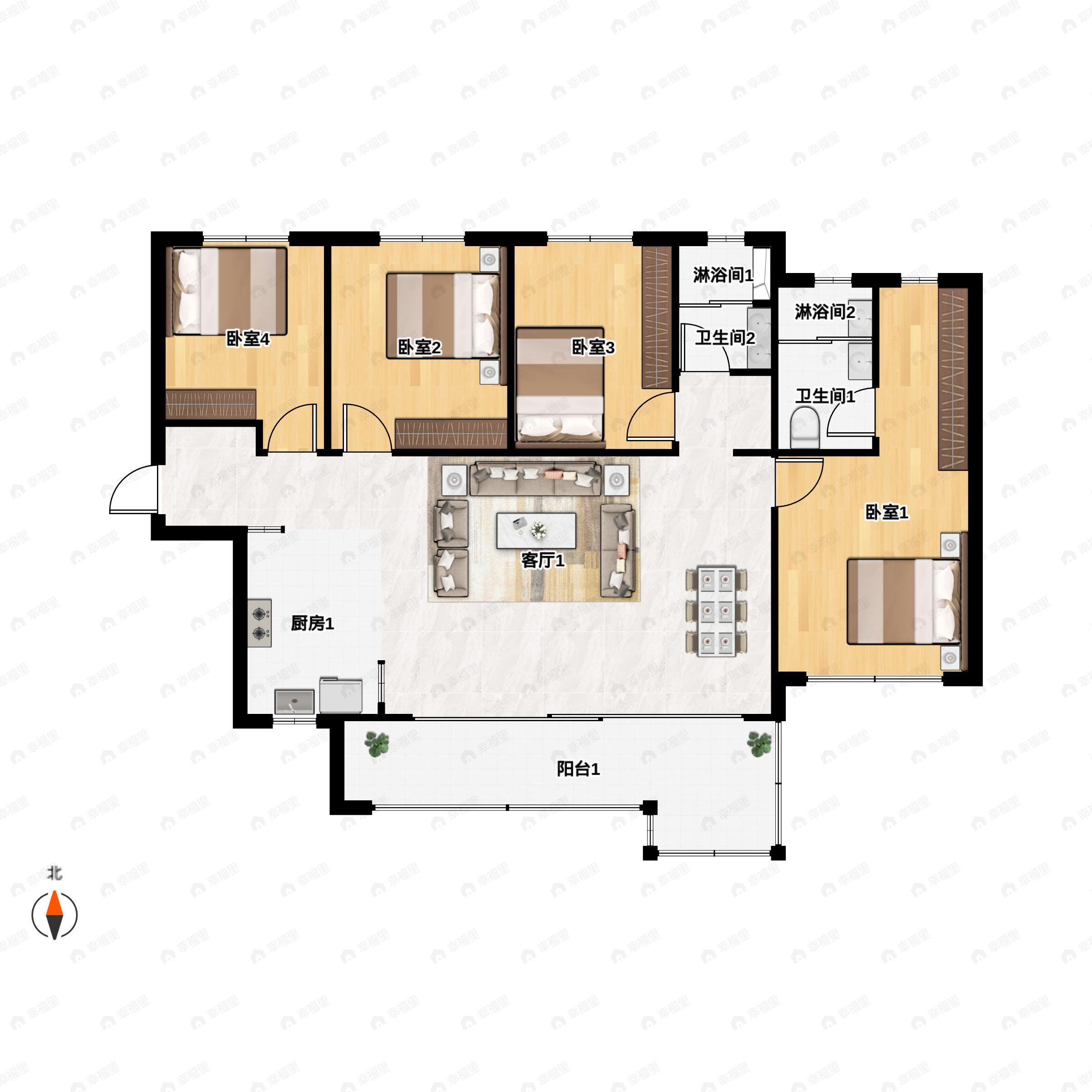 4室2厅2卫建面135平南户型图