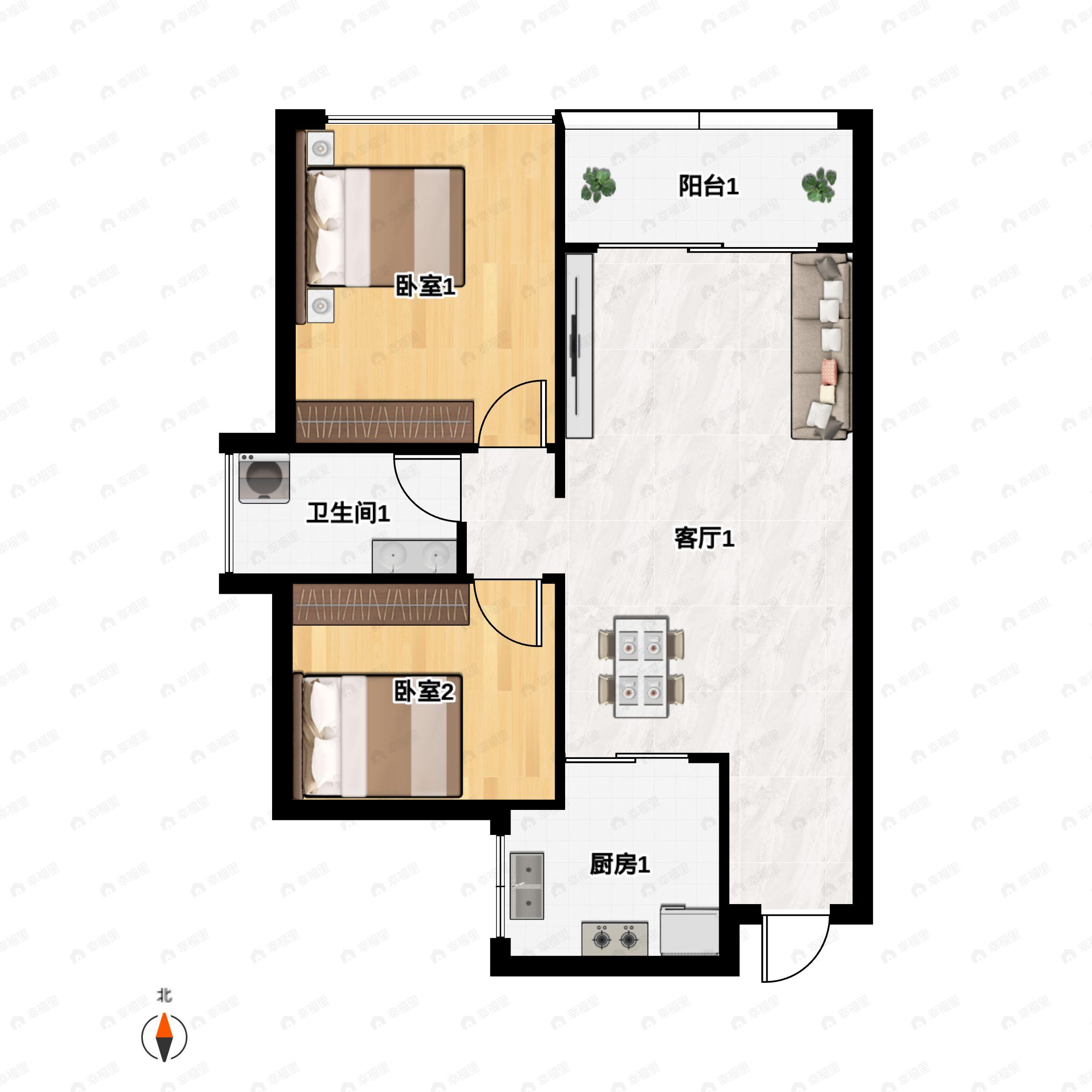 2室2厅1卫建面67m²北户型图