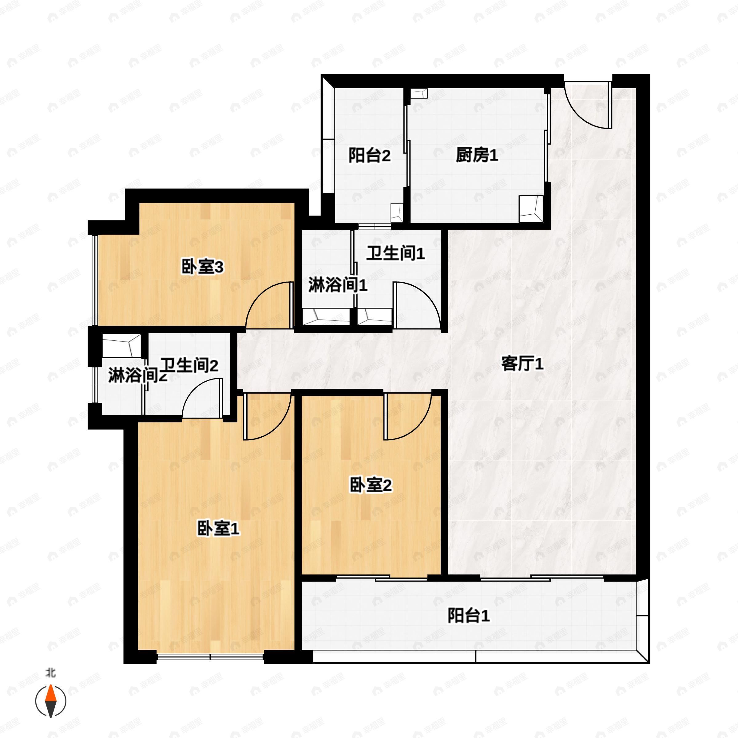 3室2厅2卫建面121m²南户型图