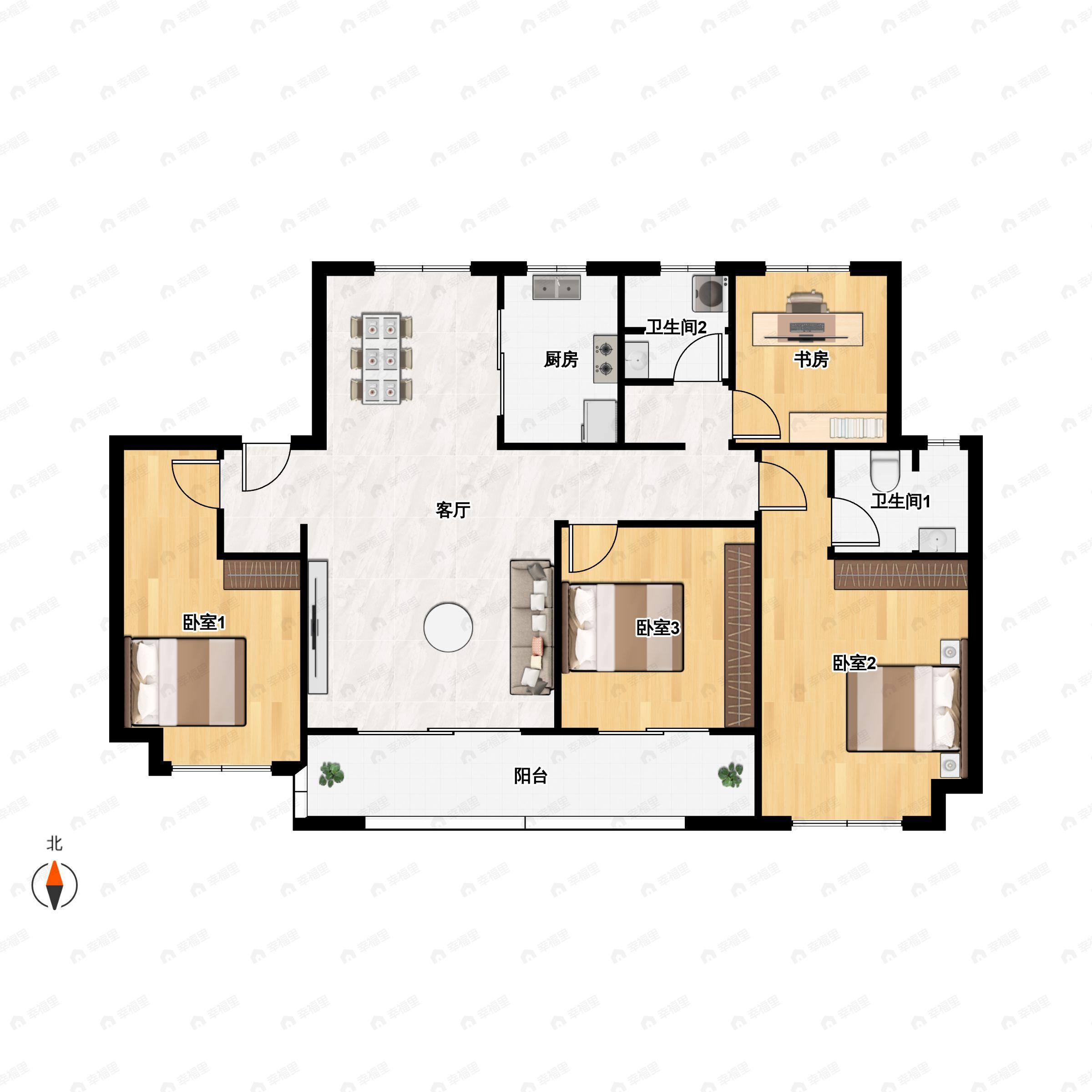 4室2厅2卫建面128m²南户型图