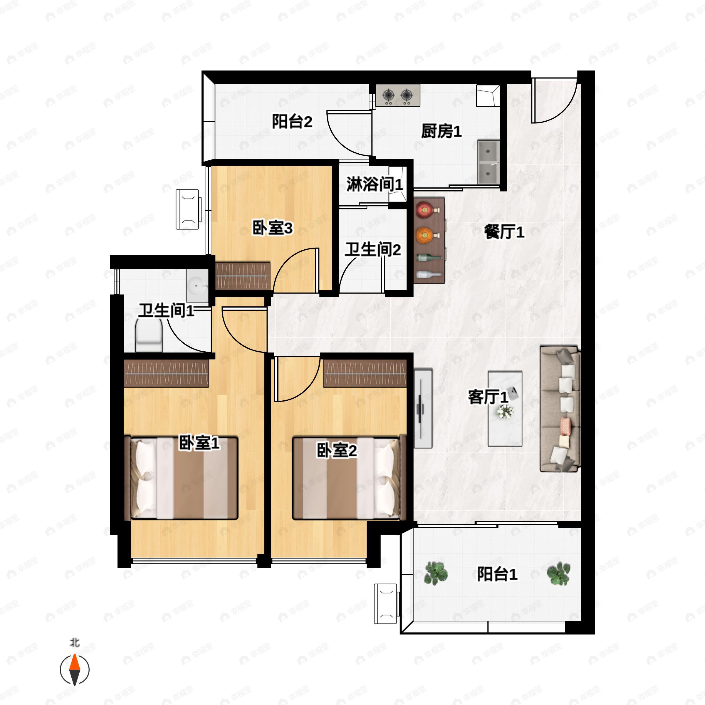 3室2厅2卫建面96m²南|北户型图