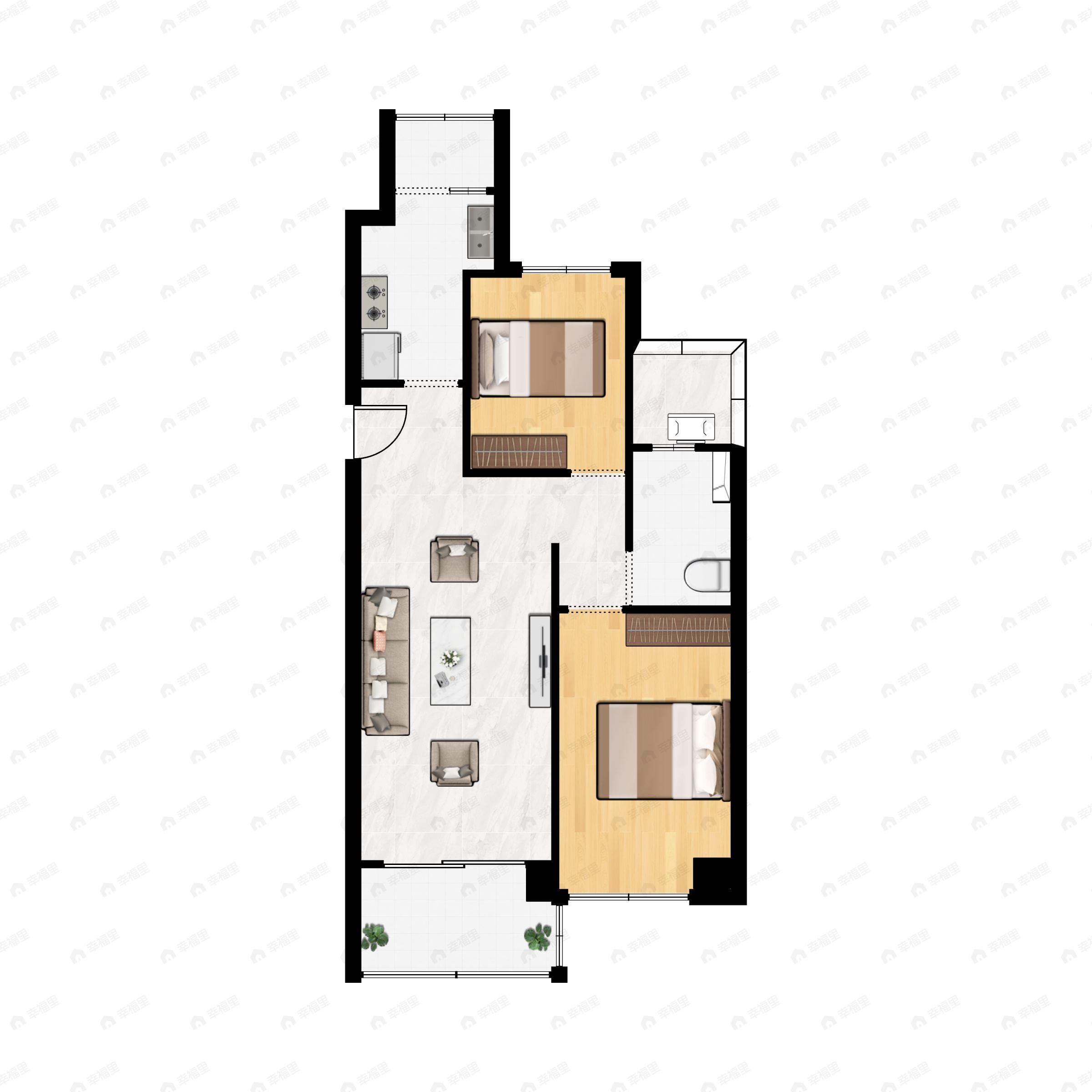 2室2厅1卫建面82m²南户型图