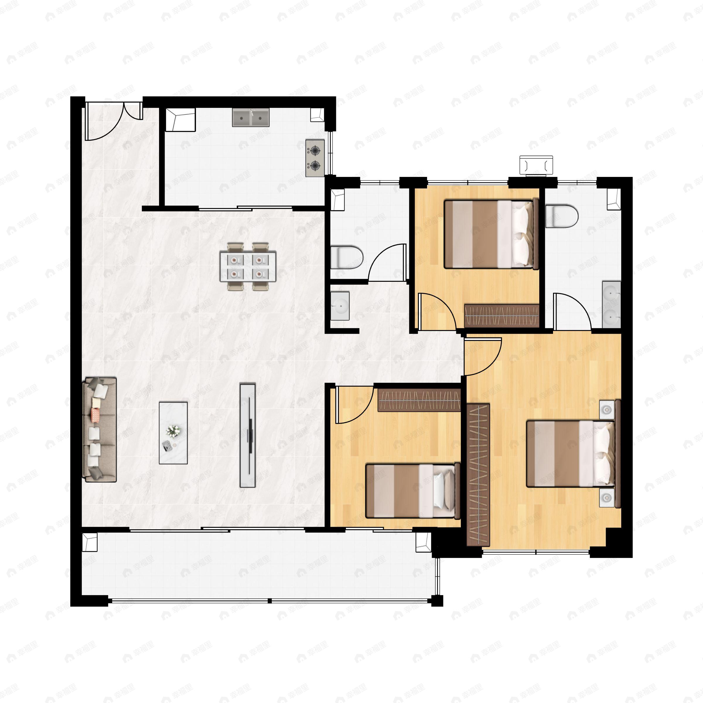 3室2厅2卫建面143m²南|北户型图