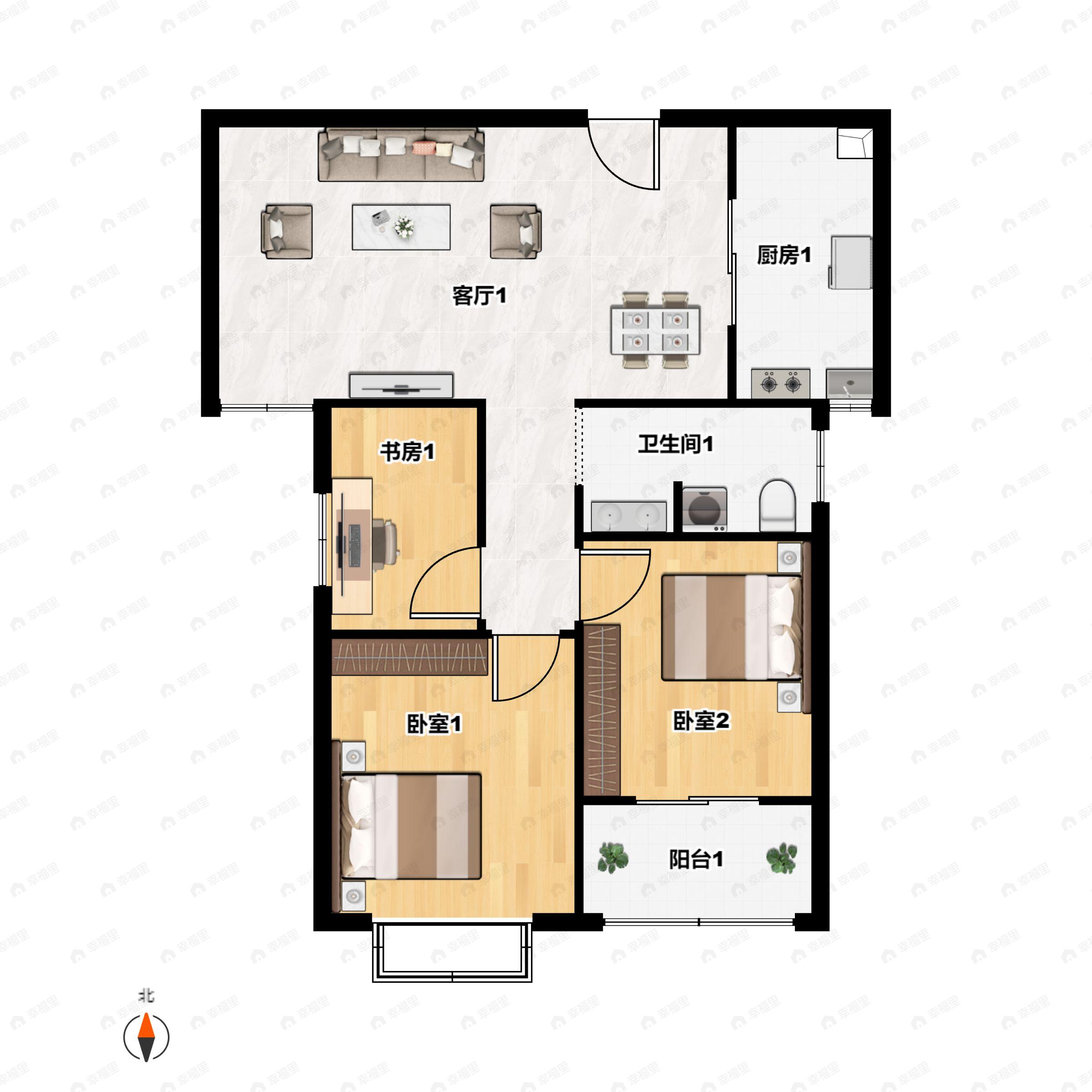 3室2厅1卫建面92m²南|北户型图