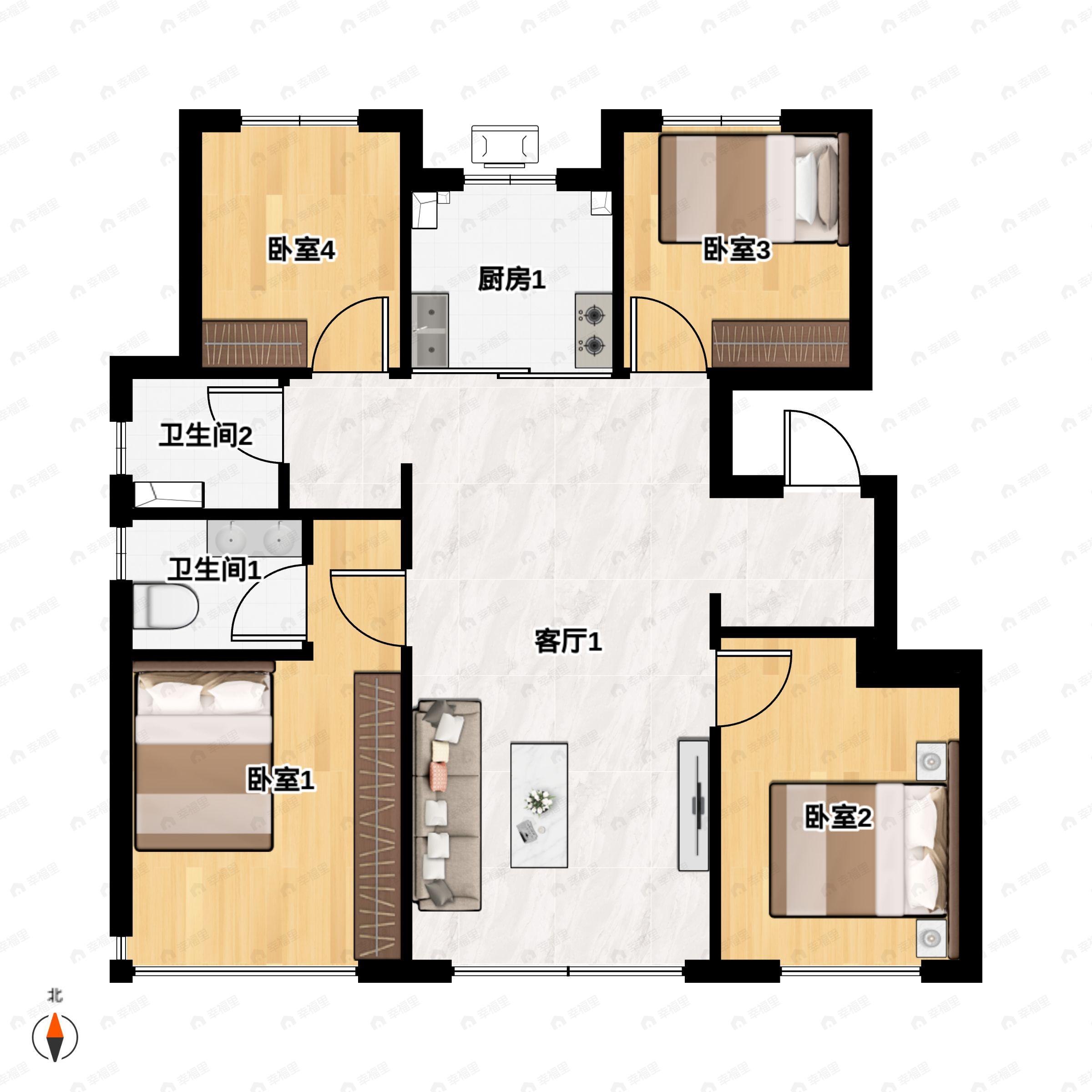 4室2厅2卫建面118平北|南户型图