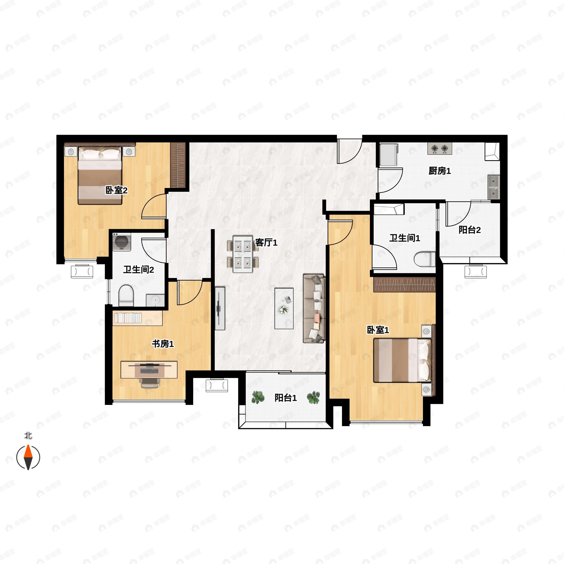 3室2厅2卫建面94平南户型图