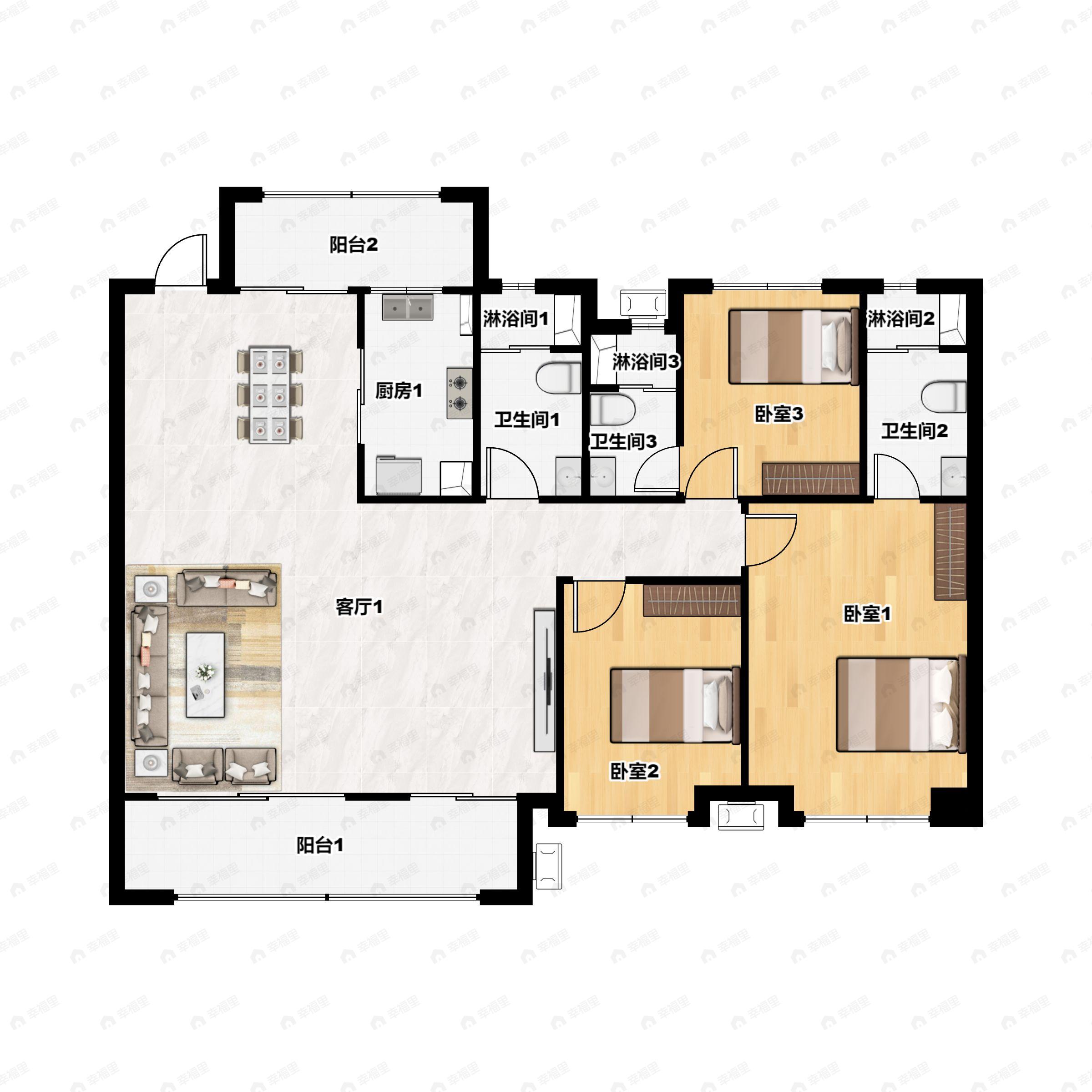3室2厅2卫建面158m²南户型图