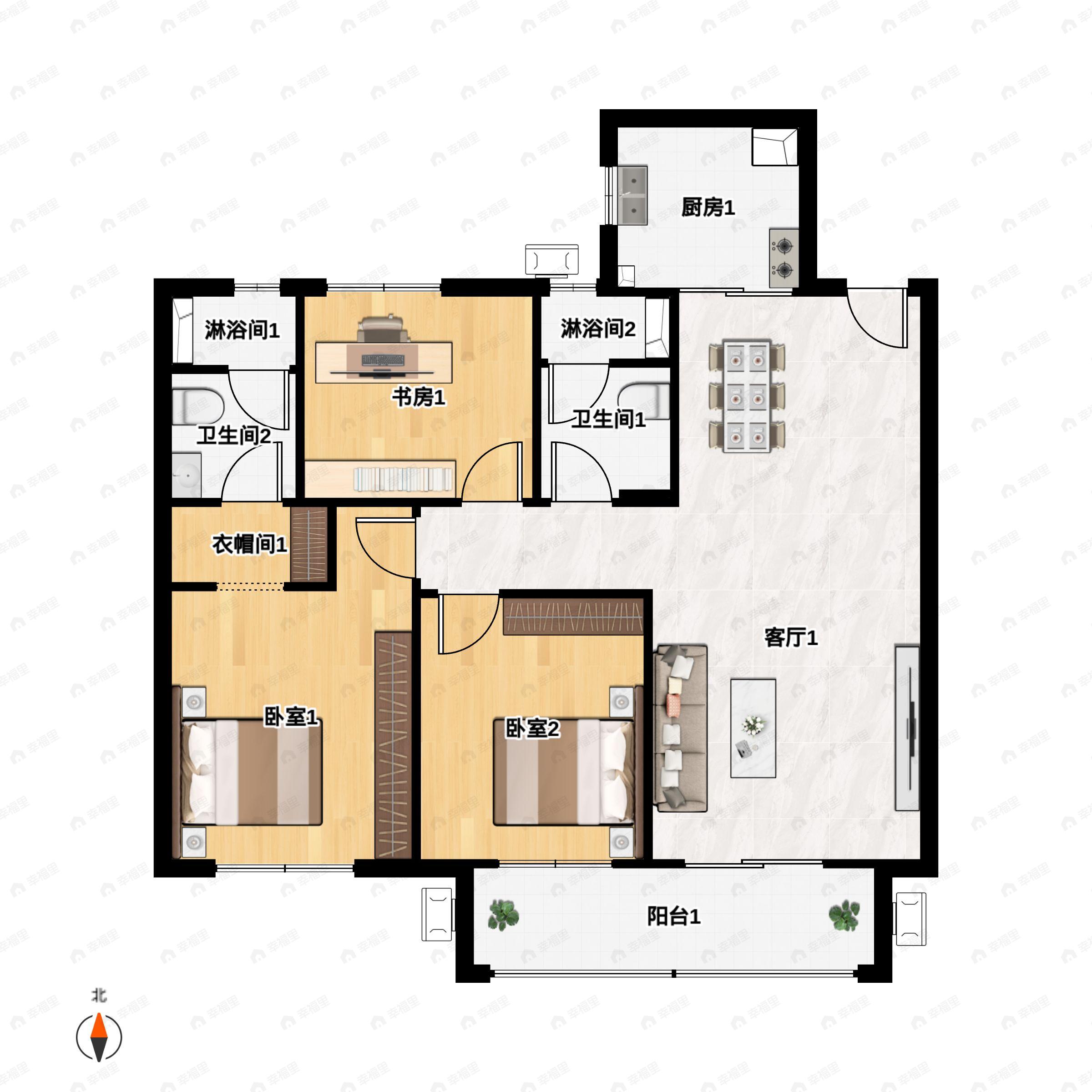 3室2厅2卫建面106平户型图