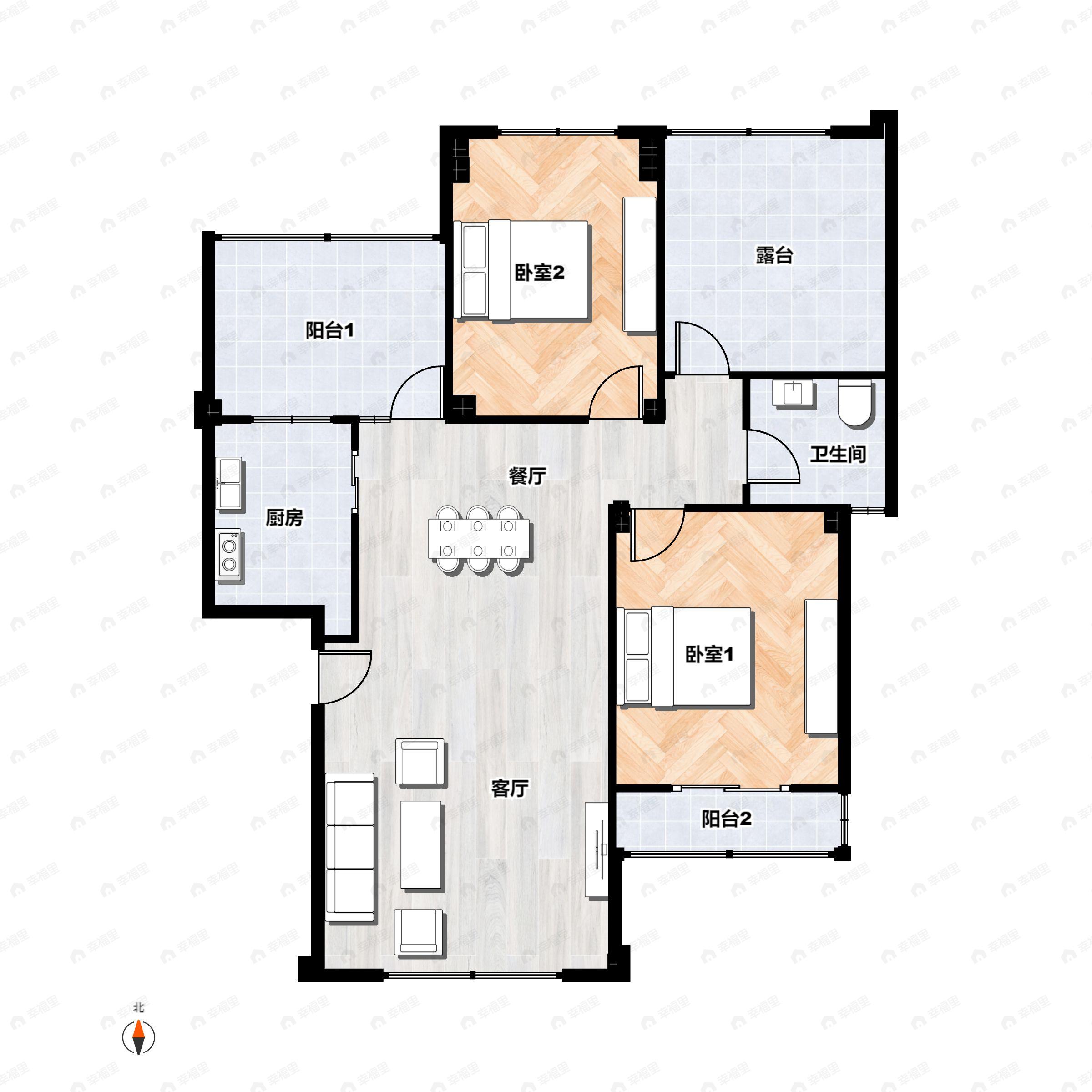 2室2厅1卫建面95平南户型图