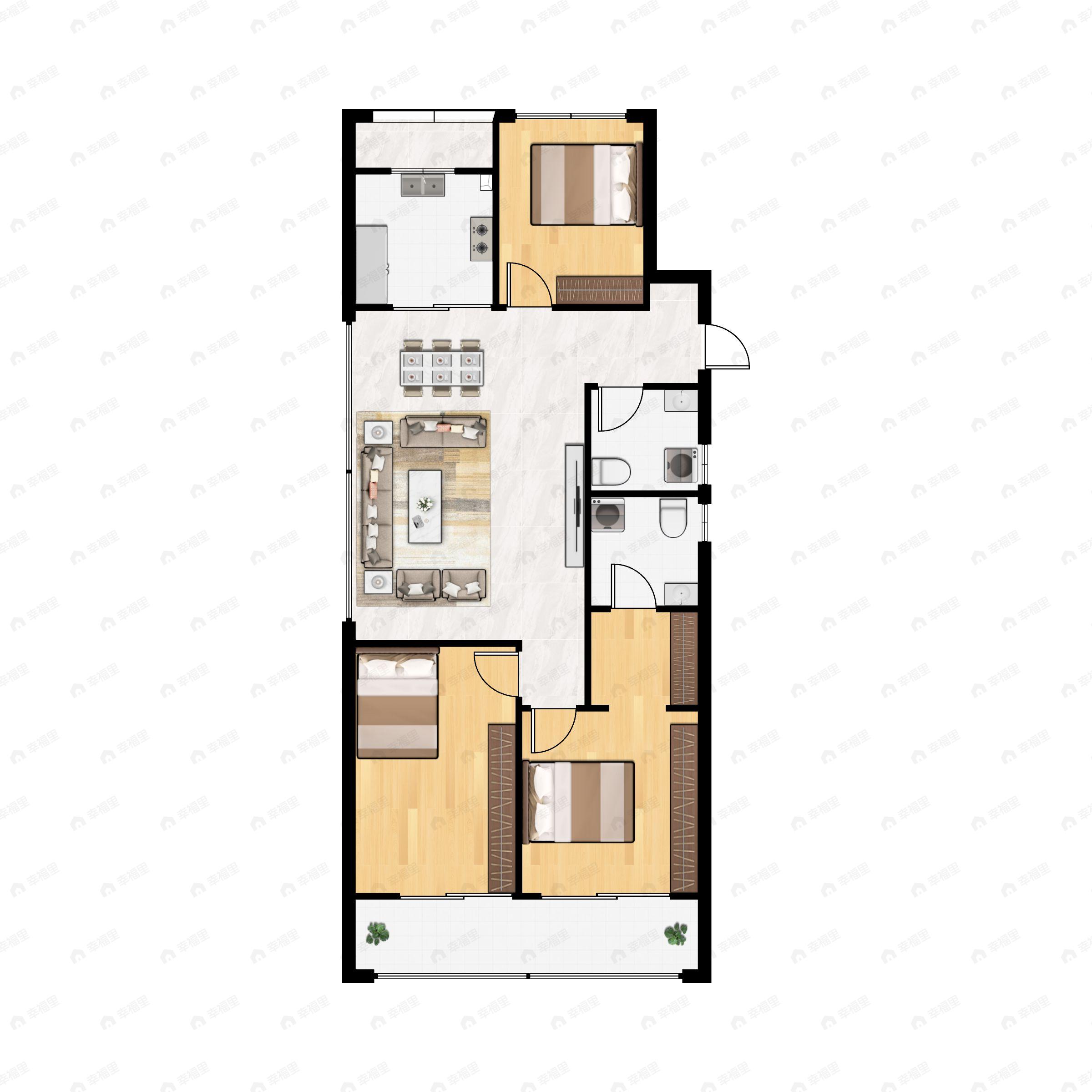 3室2厅2卫建面108m²南户型图